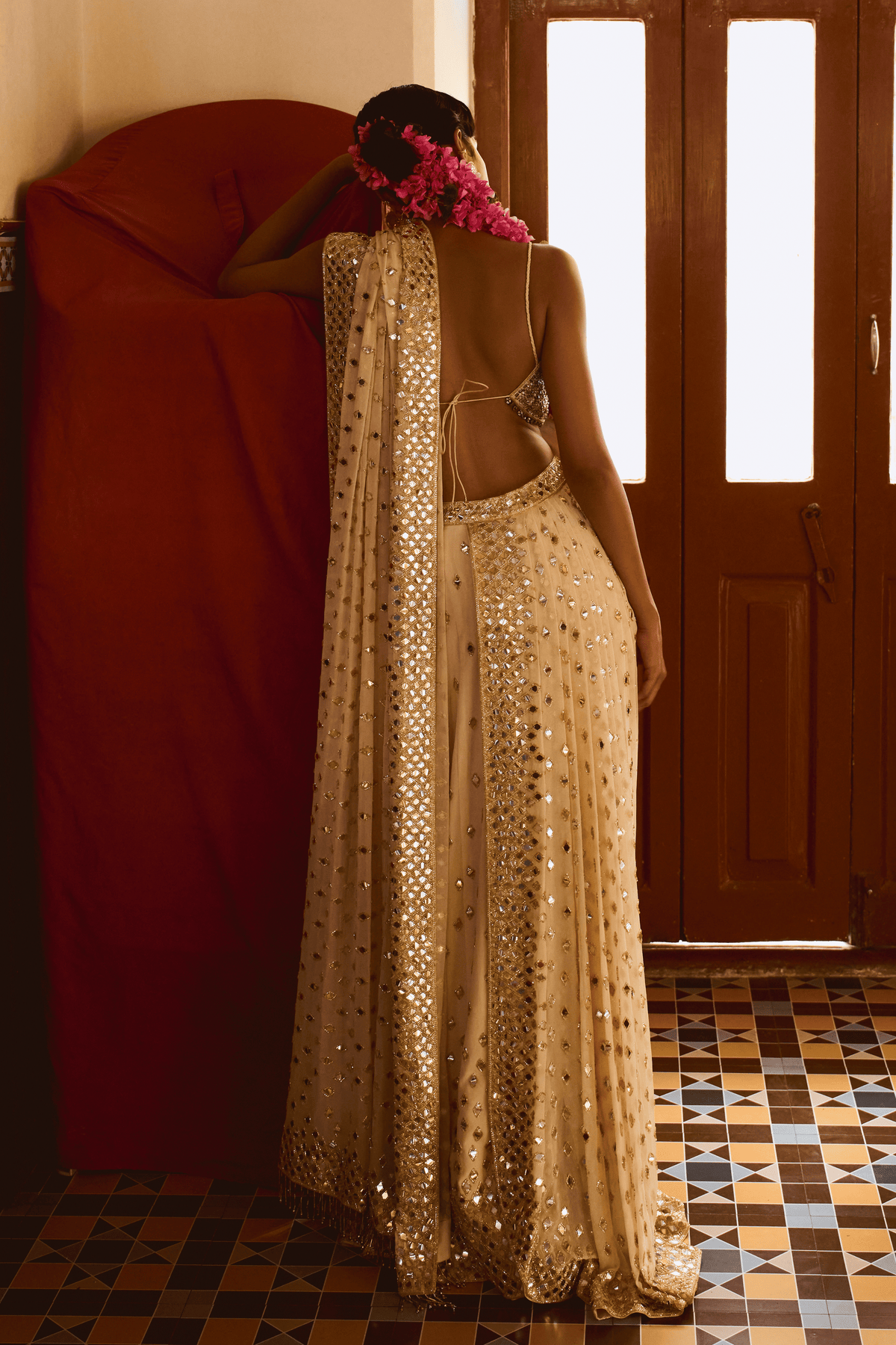 Beige Sequin Lehenga Saree With Blouse