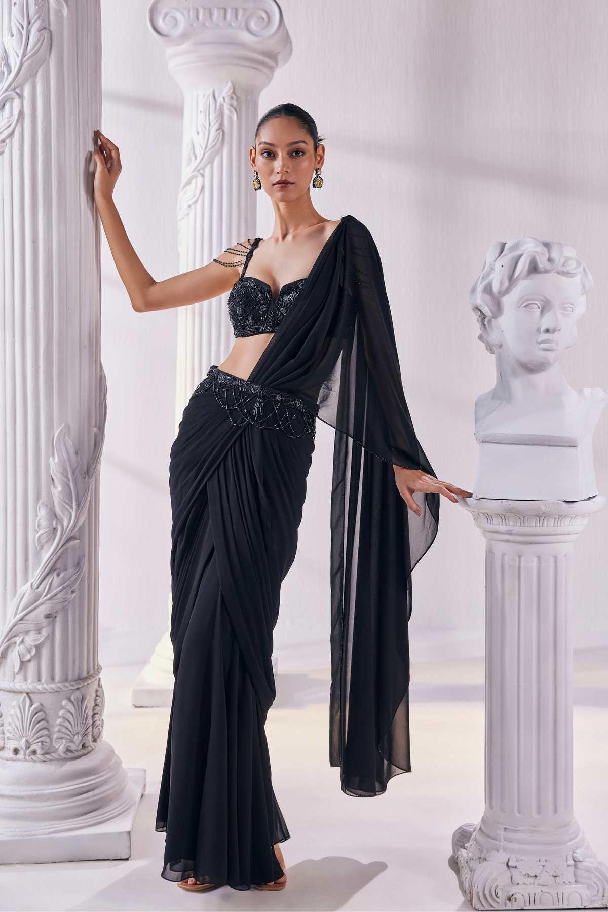 Black Royal Draped Saree Set