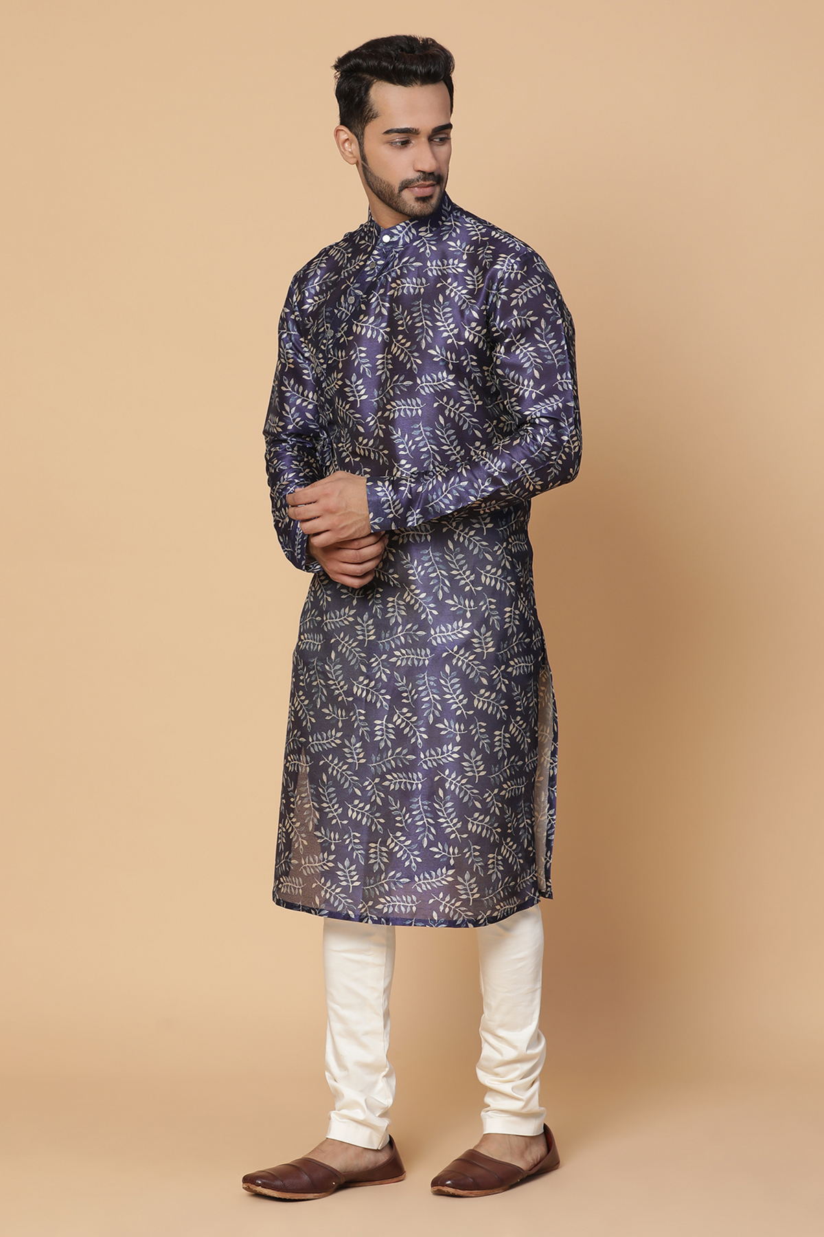 Blue side knot silk kurta