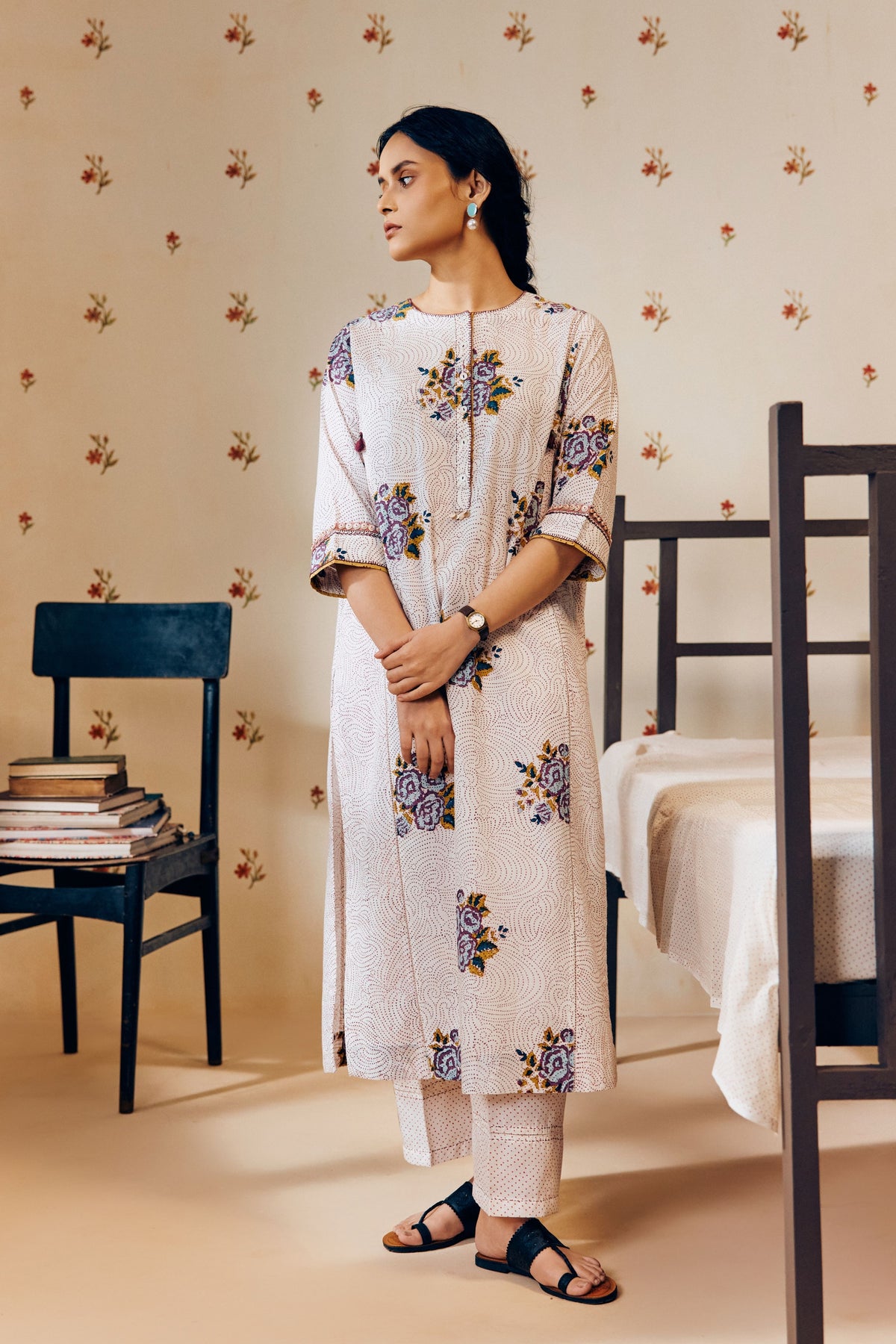 Off-white Rose Print Kurta Set