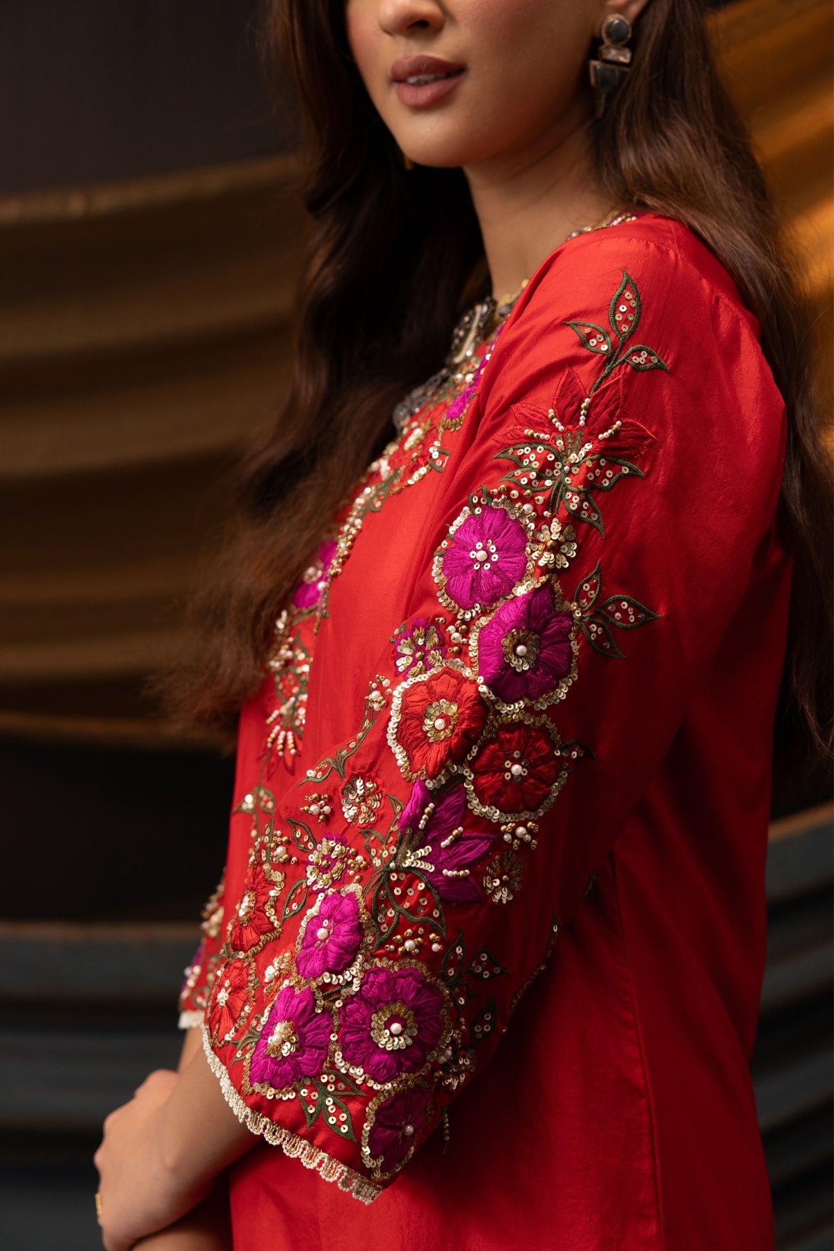 Red 3D Floral Kurta Set