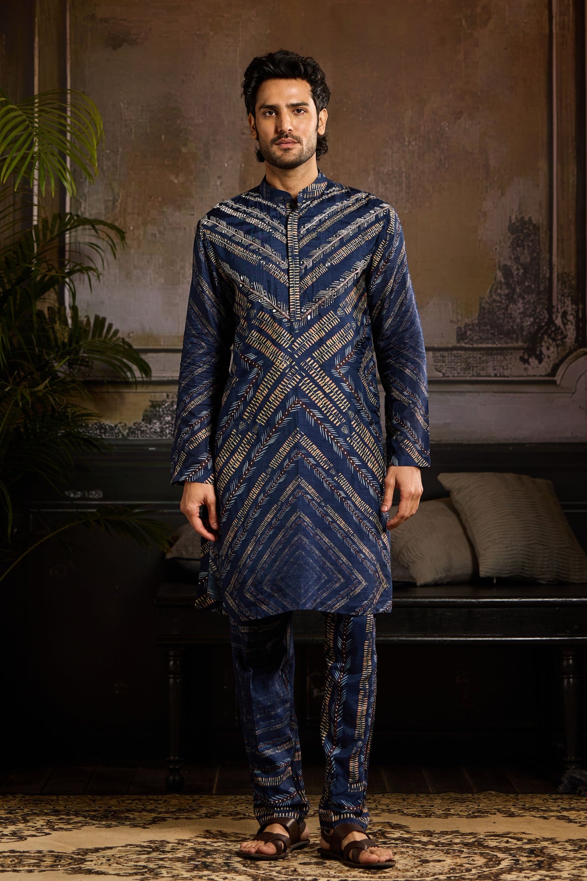 Blue Chevron Print Kurta Set