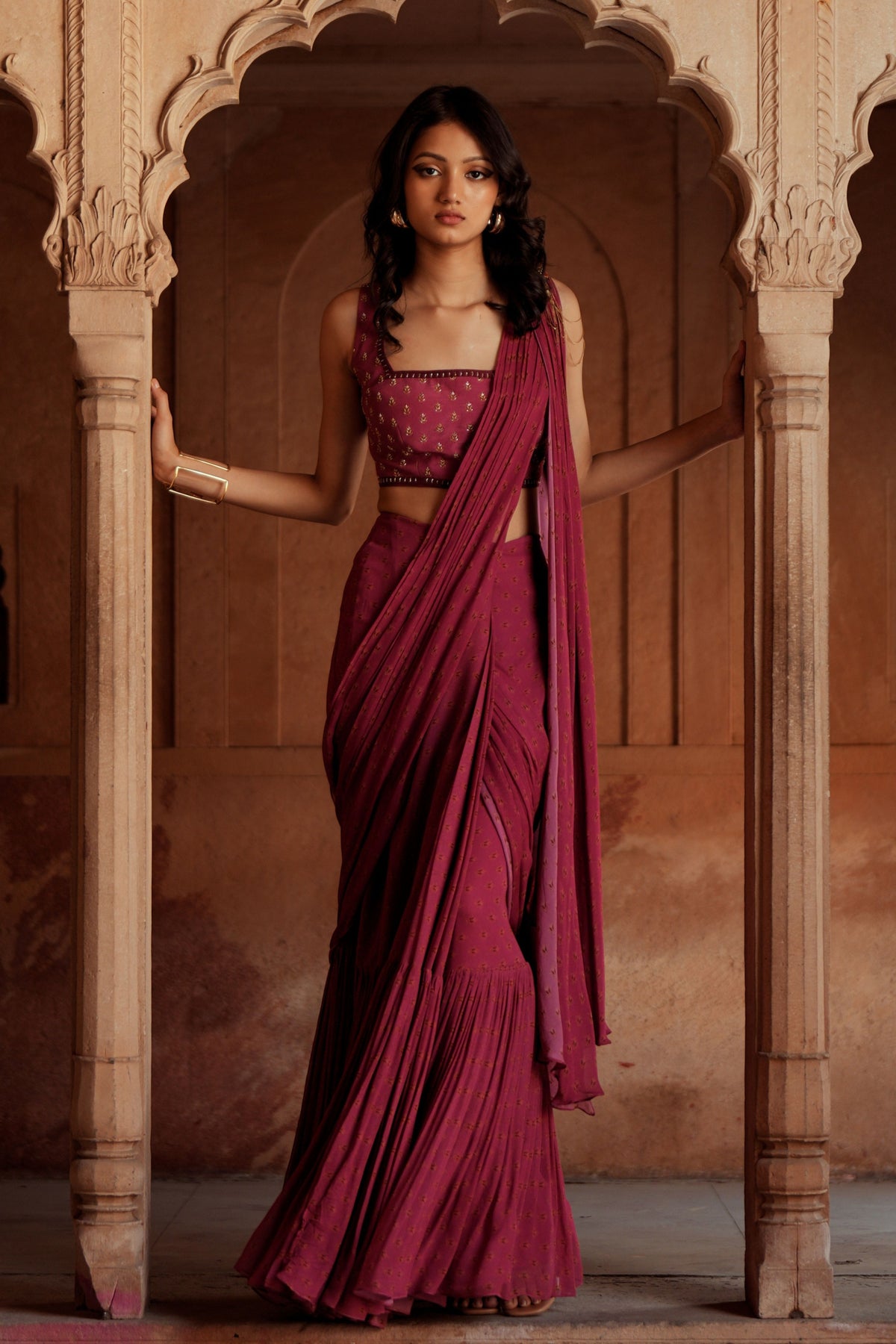 Mulberry Pink Drape Saree Set