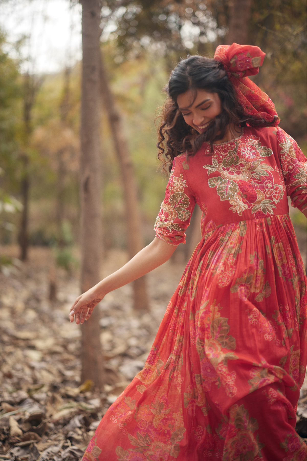 Red Orange Anarkali Set