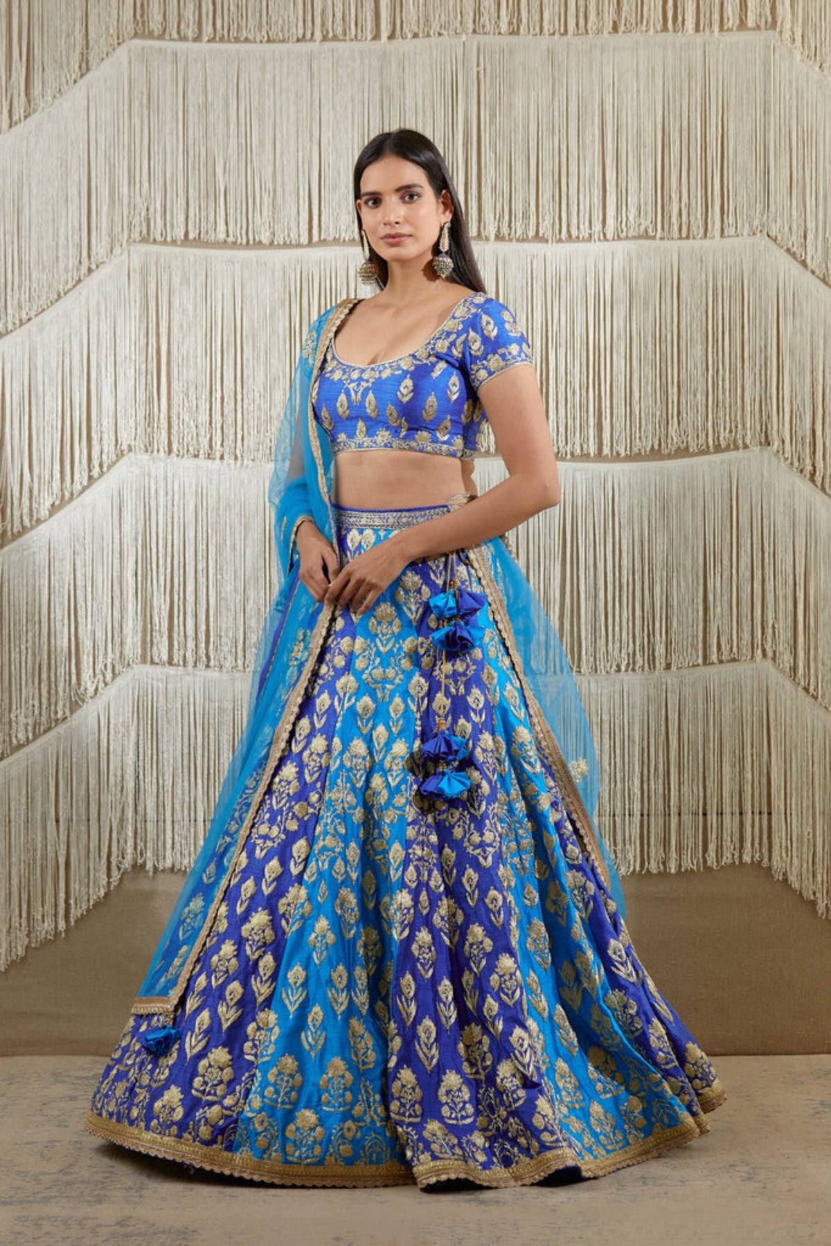 Blue metallic embroidered lehenga set