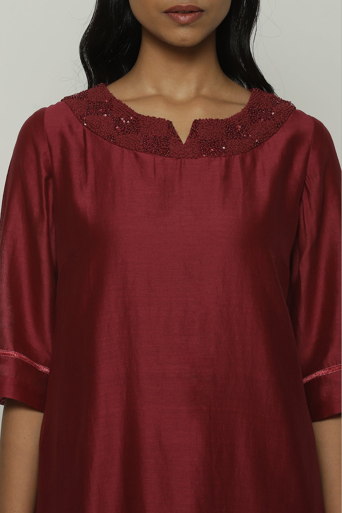 French Knot Neck Wine Kurta