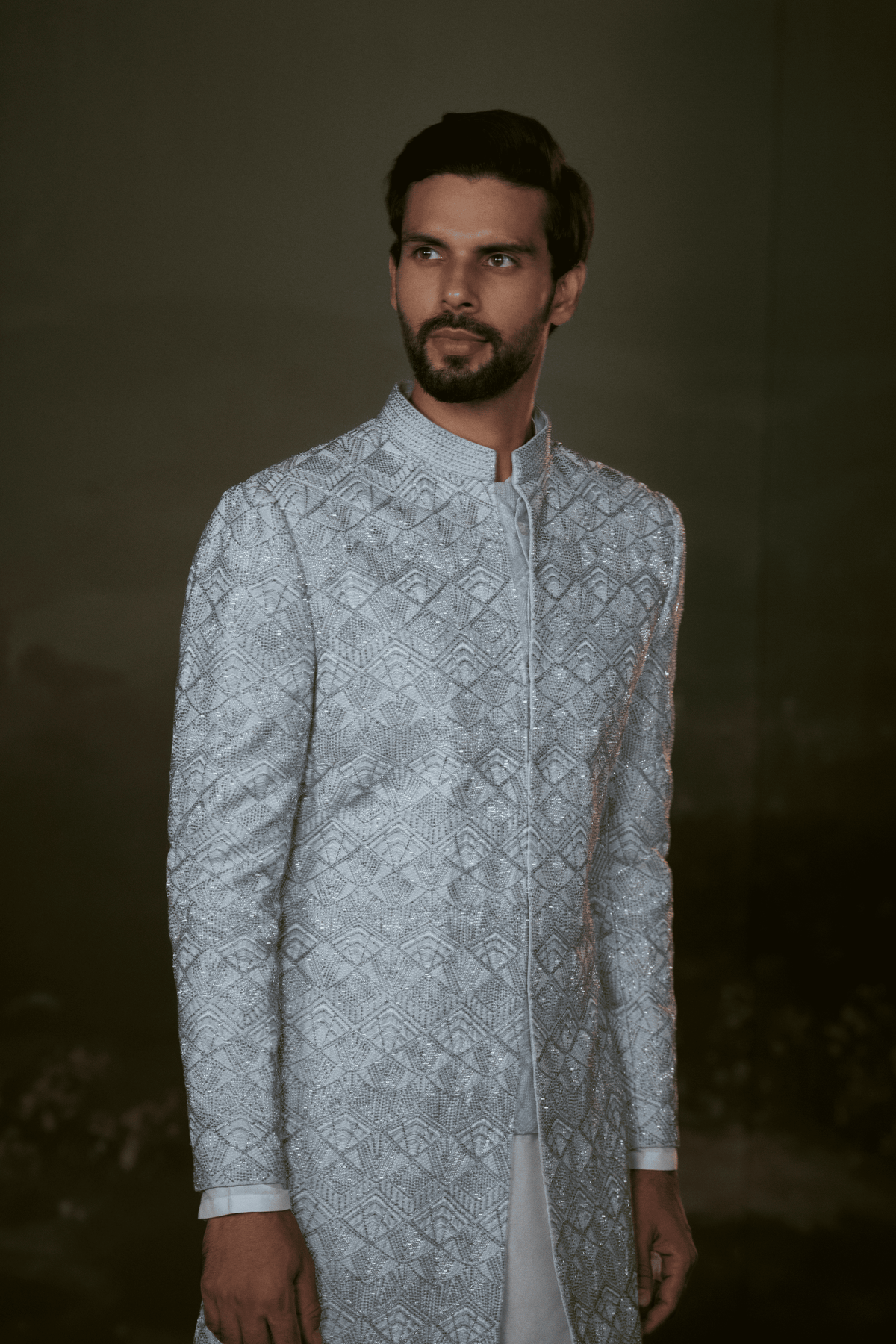 White  embroidered raw silk sherwani Set