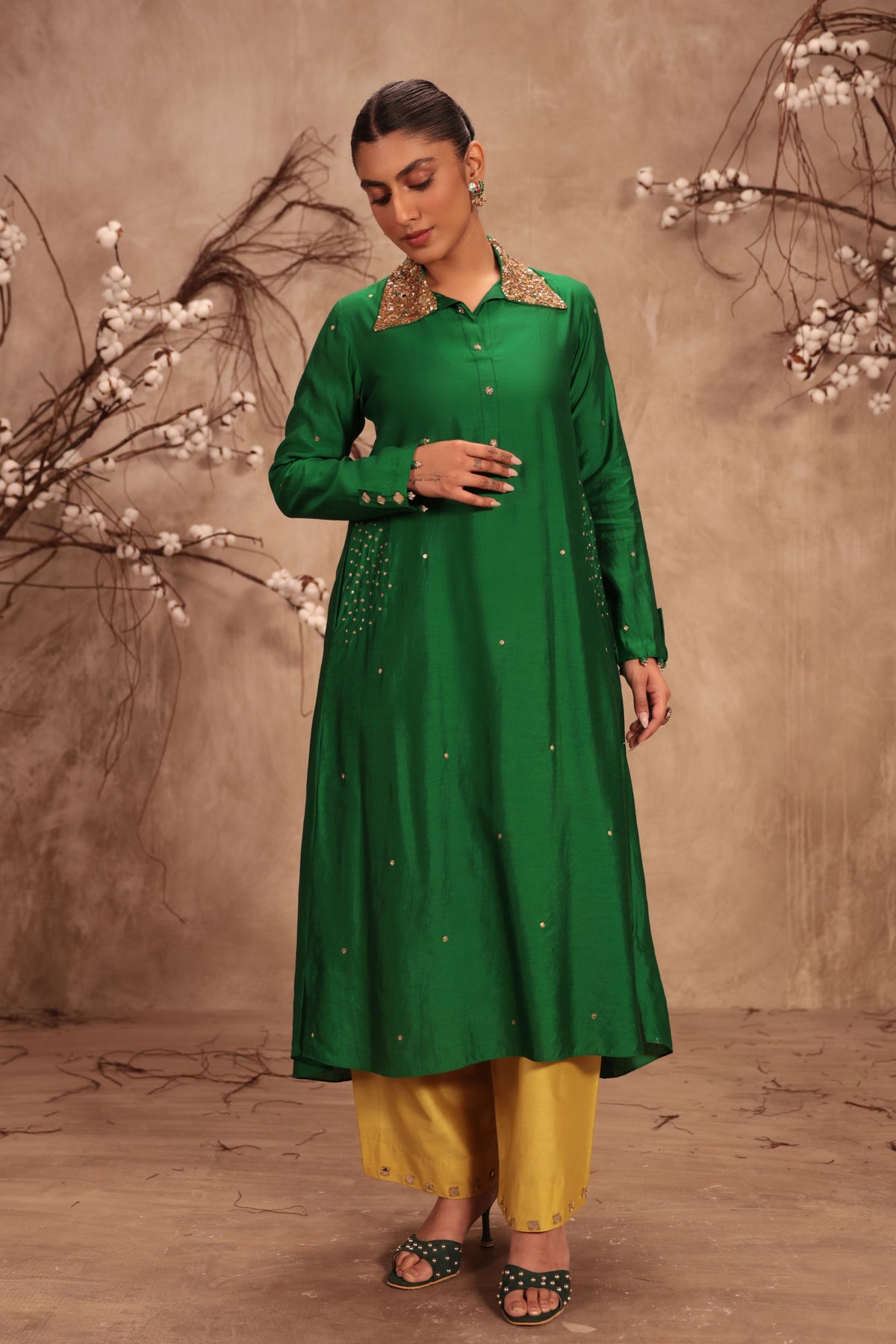 Green Collar Kurta Set