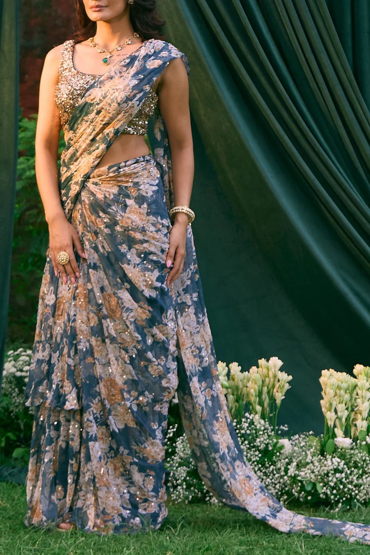 Teal Blue Floral Saree