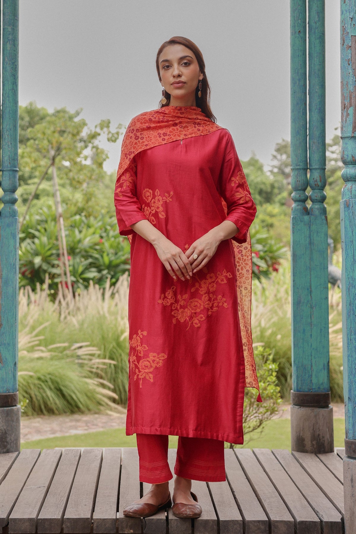 Berry Applique Floral Kurta Set