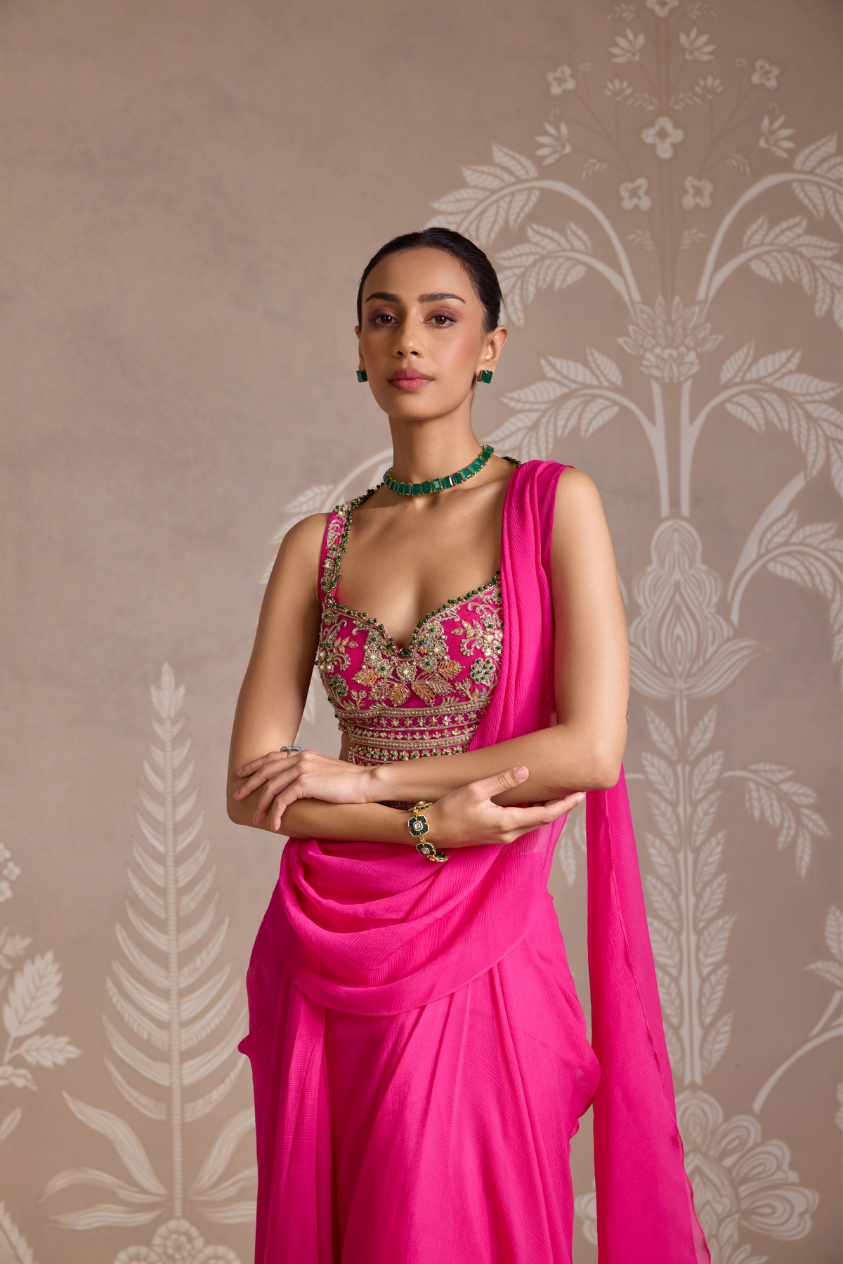 Bright Fucshia Drape Saree Set