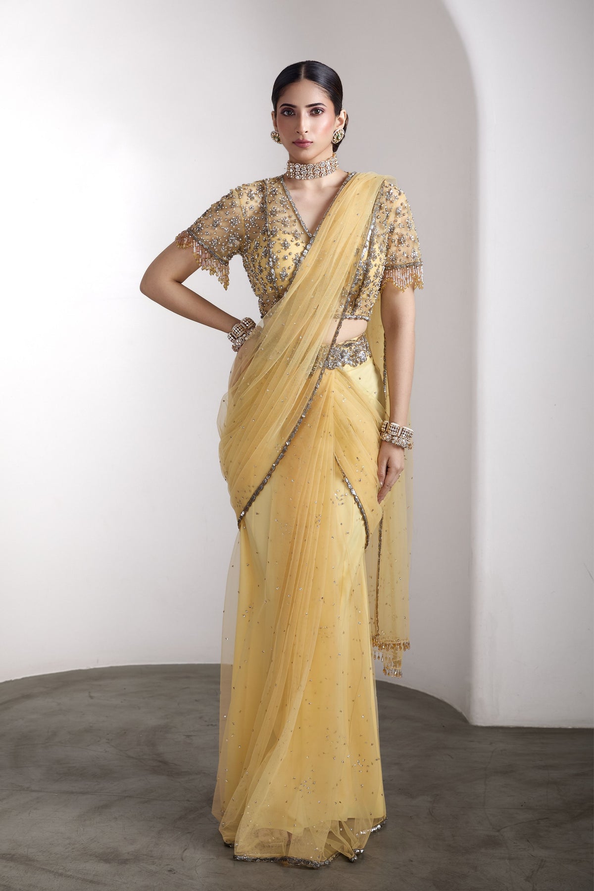 Yellow Embellished Saree Set
