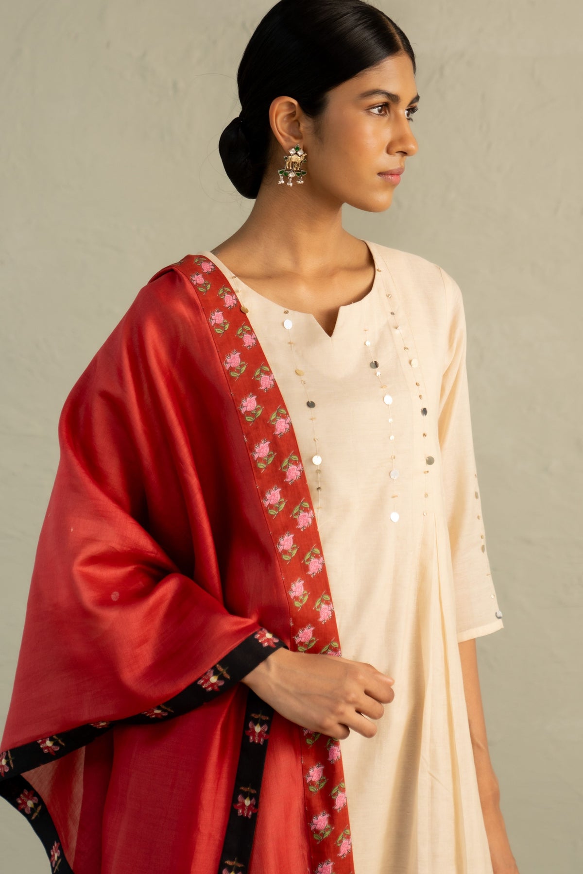 Beige Pleated Kurta Set