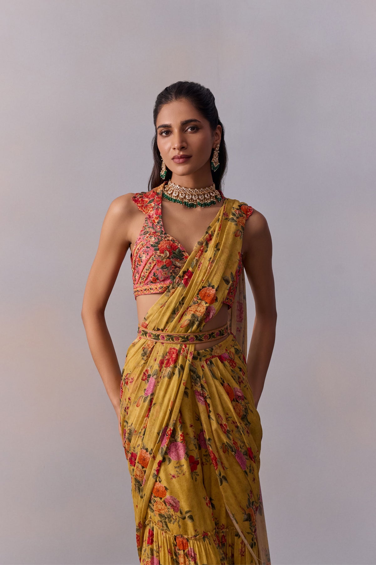 Yellow Sabia Pre-draped Saree Set