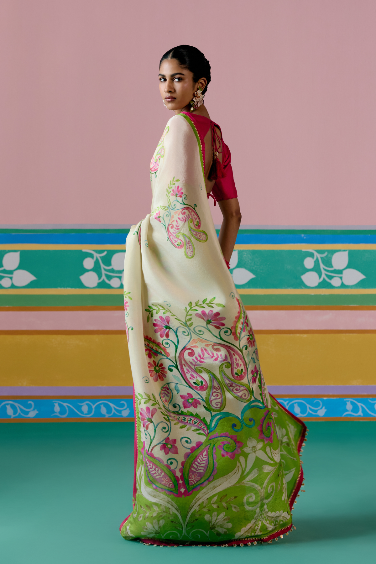 Ecru Green Paisley Saree