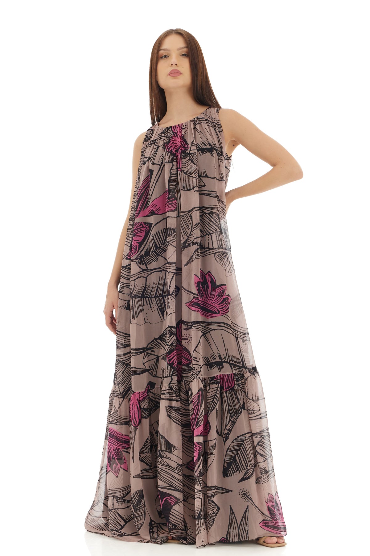 Grey Floral Long Dress