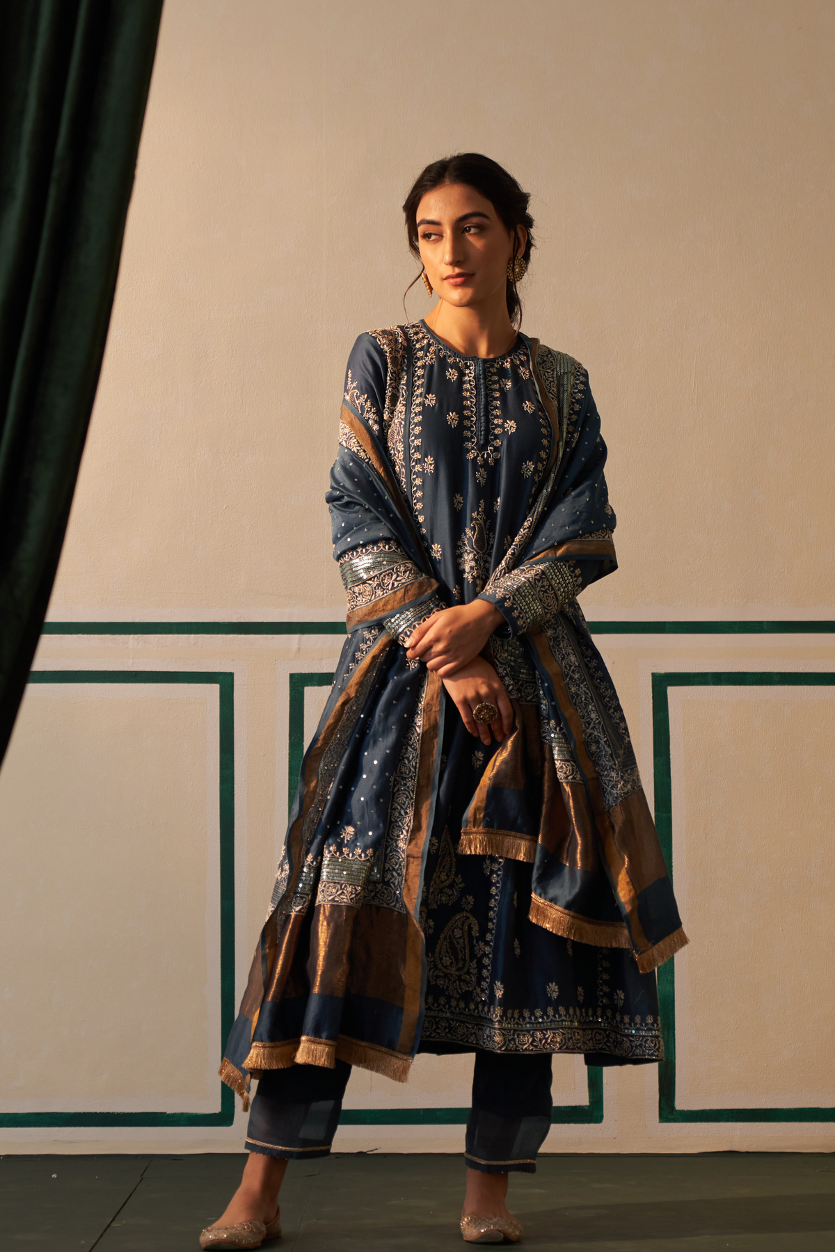 Cobalt Blue Chanderi Anarkali Set