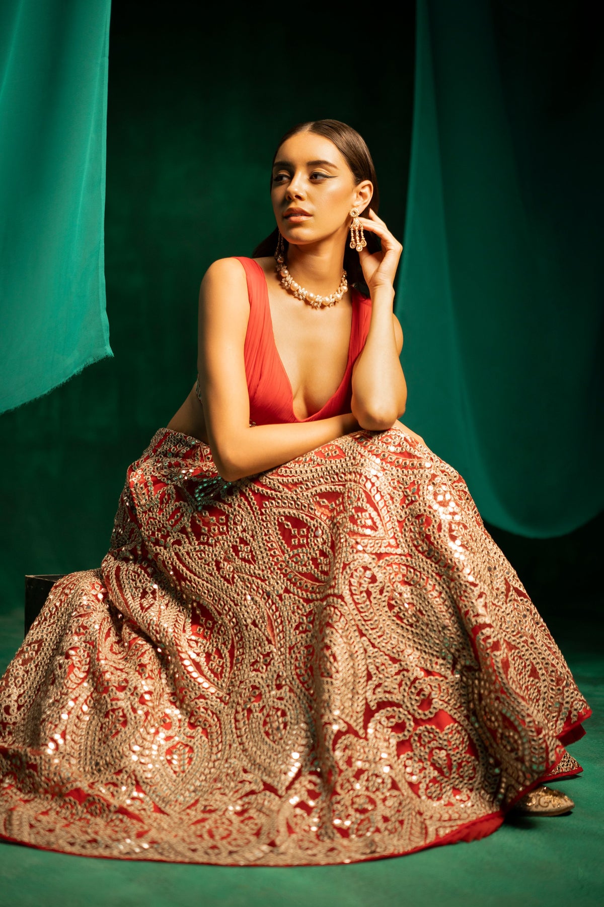 Red Mirrorwork Lehanga Set