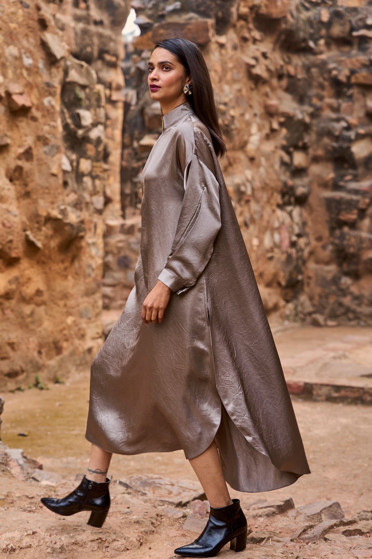 Grey Zip Neck Midi Dress