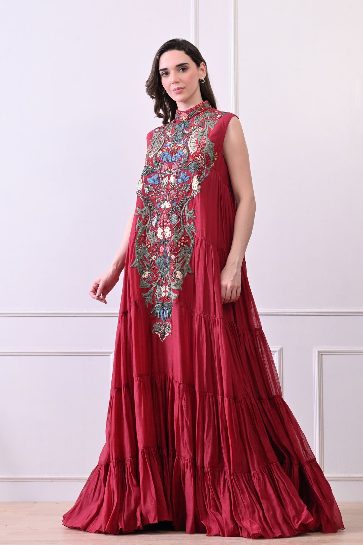 Maroon High-neck Maxi Dress