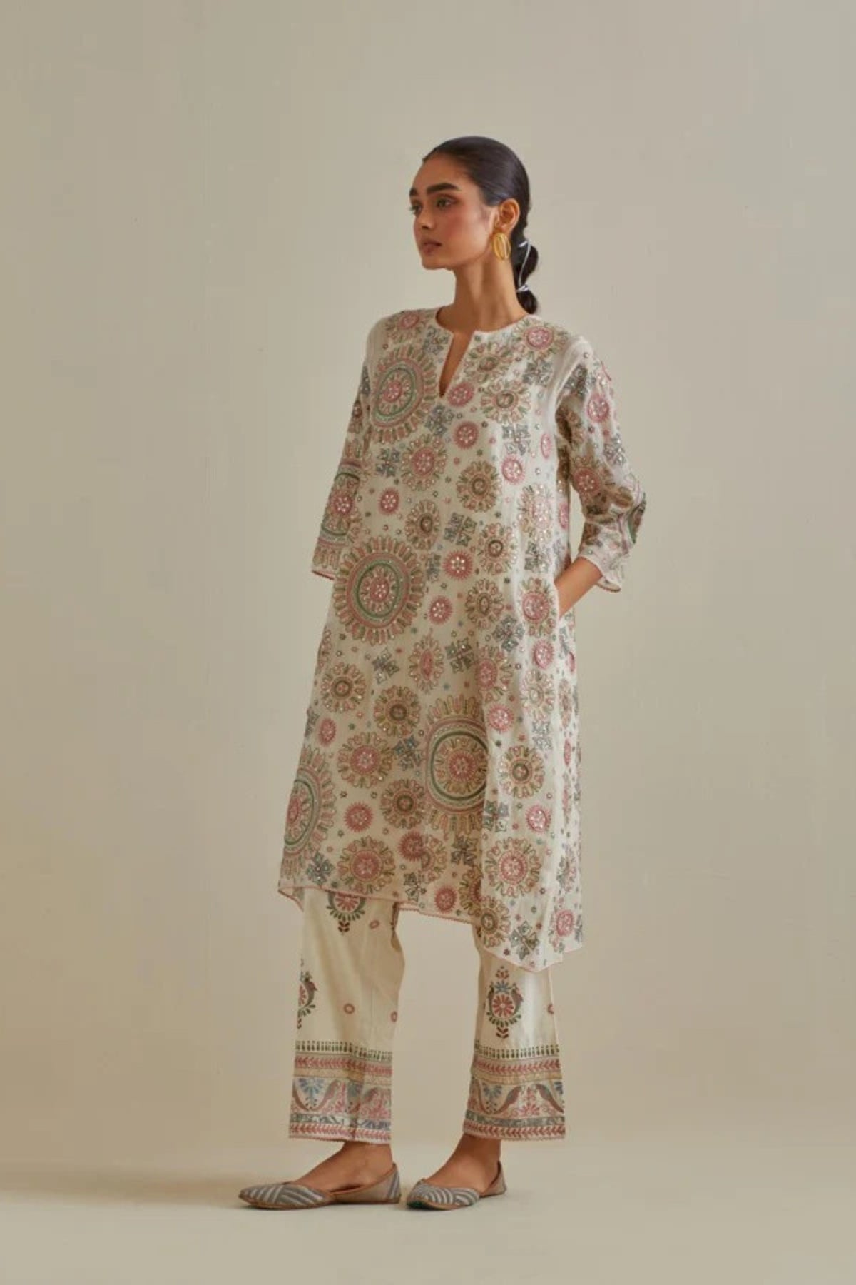 Pink and Off White Kurta Set