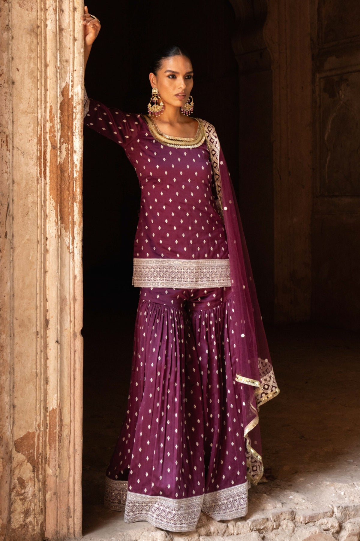 Wine Embroidered Sharara Set