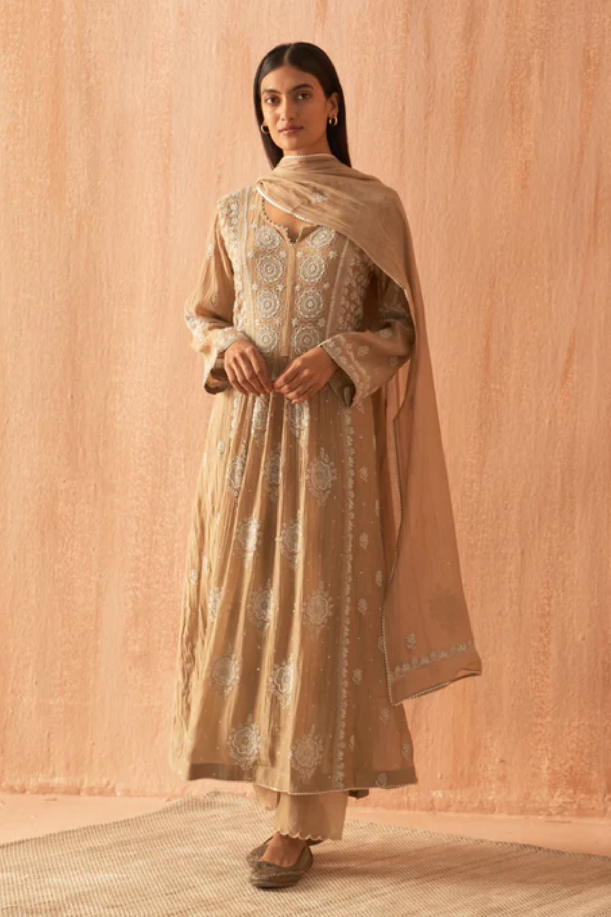 Brown Mul Chanderi Anarkali Set