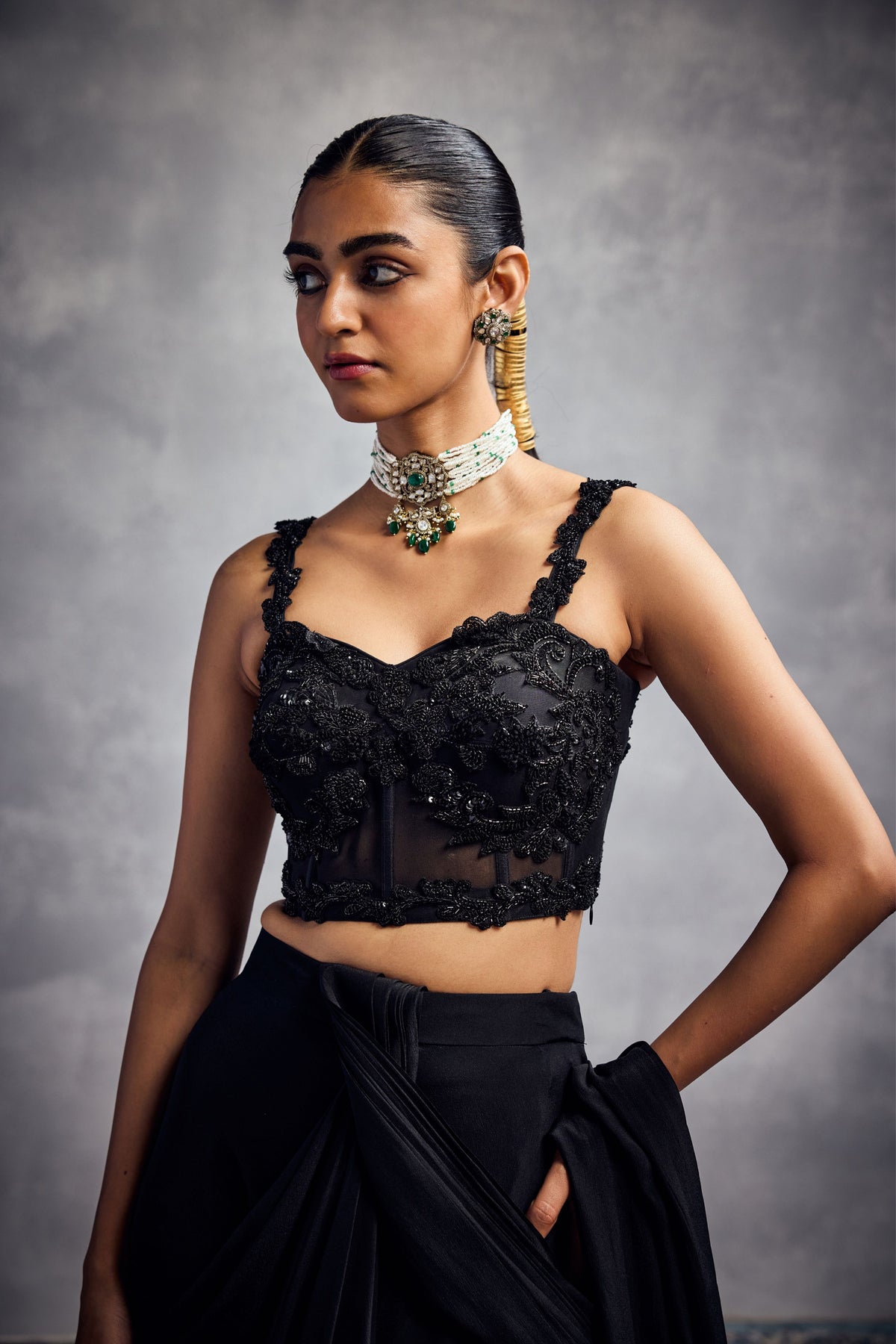 Black Draped Saree Set