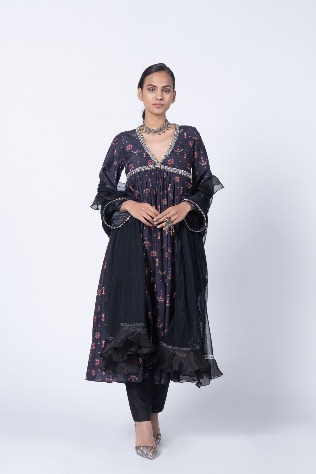 Black Buta Print Embellished Kurta Set