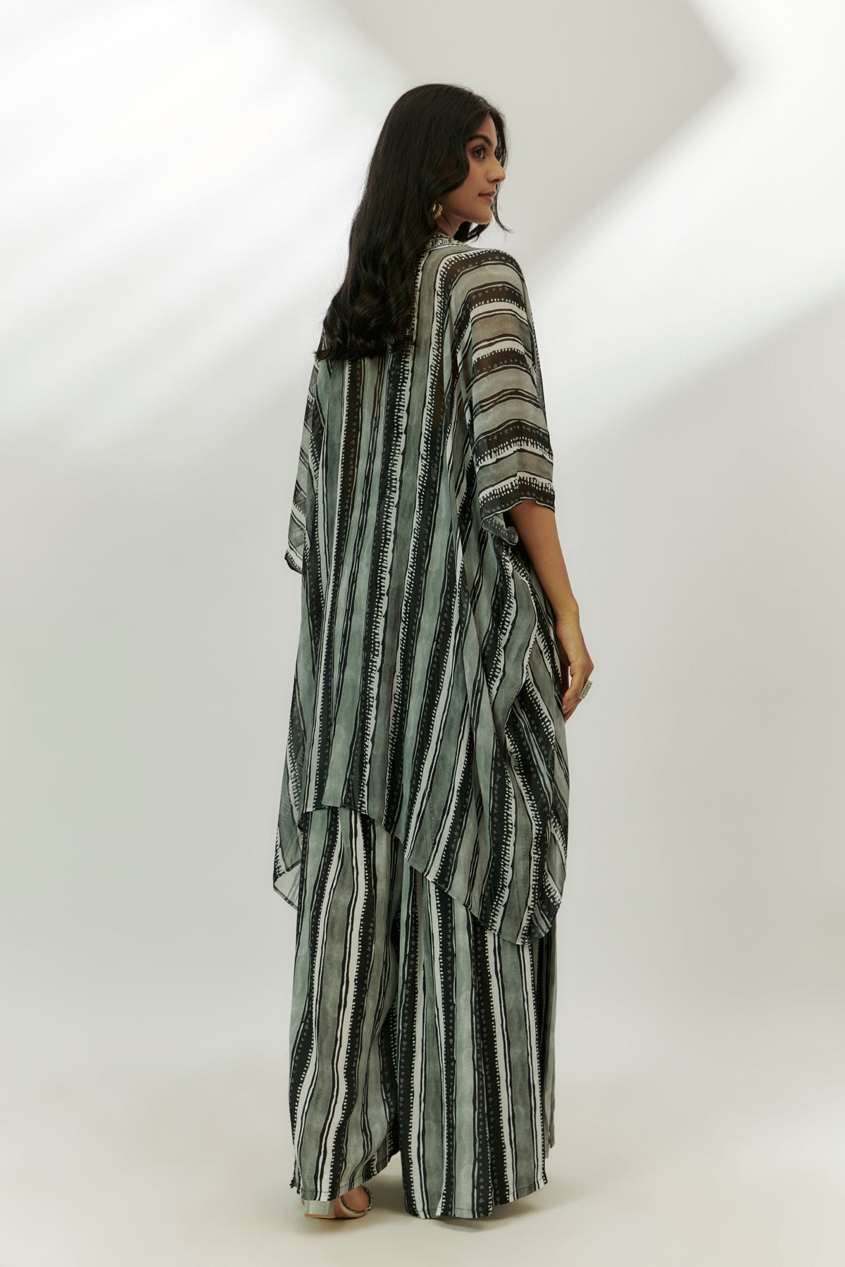 Black Stripes Printed Jumpsuit With Cape