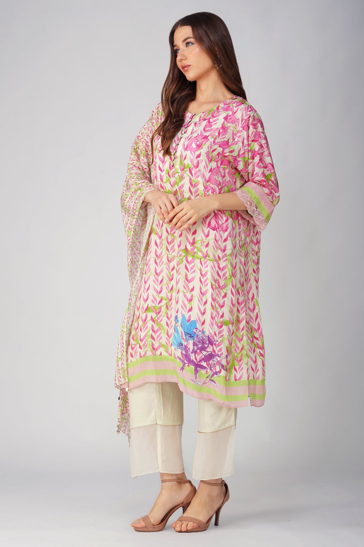 Pink Leaf Printed Kurta Set