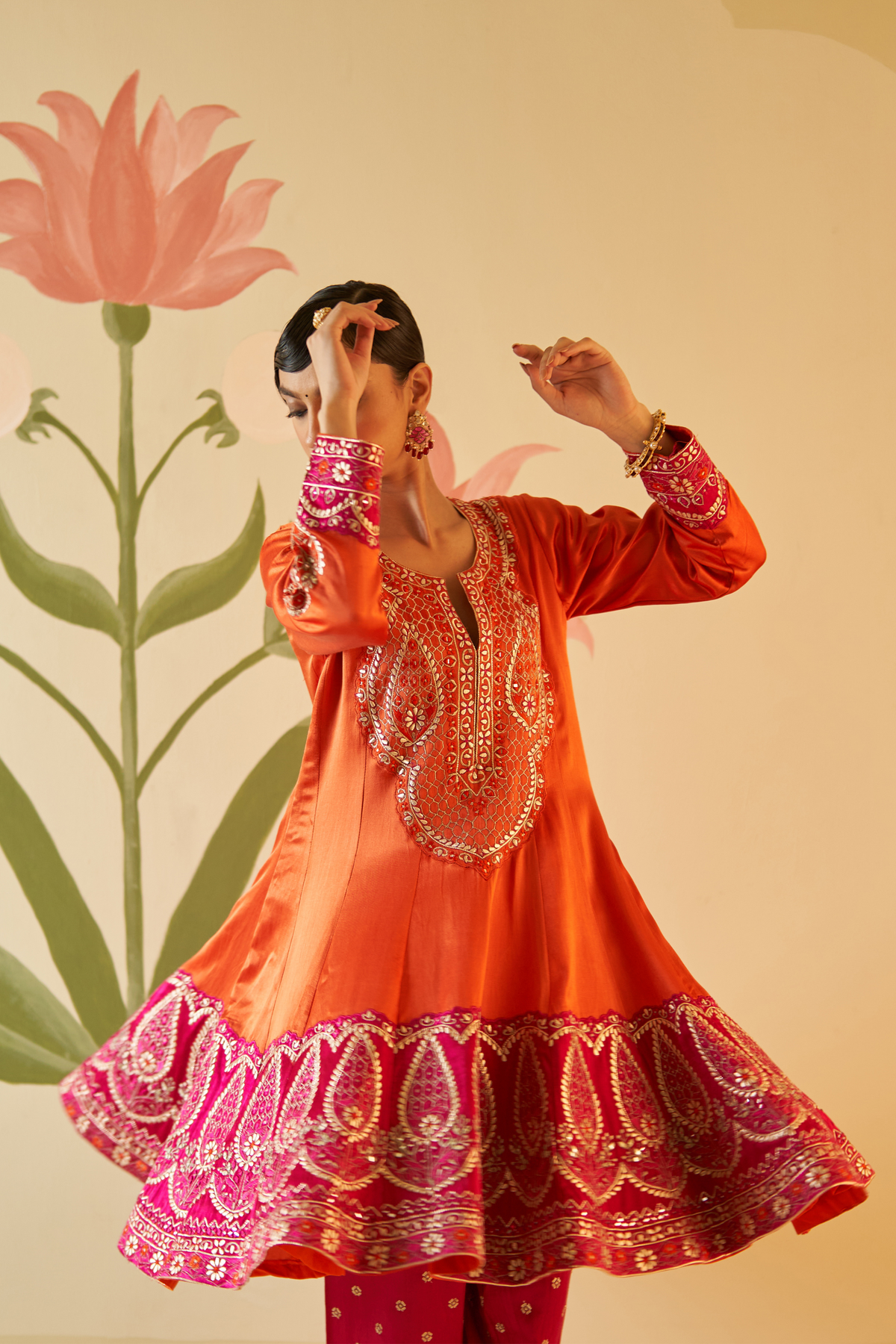 Orange Satin Silk Anarkali Set