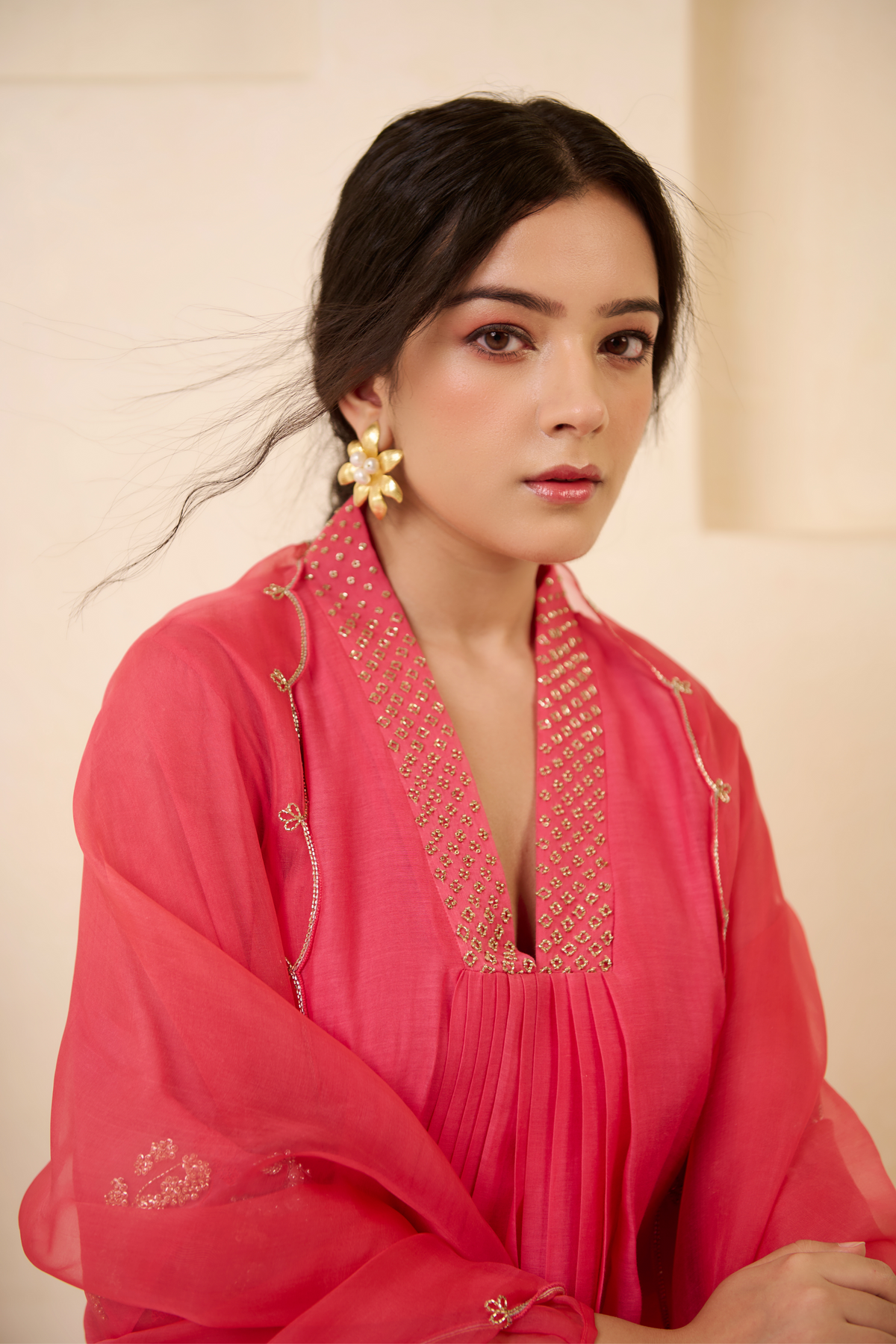Rose Pink V-neck Kurta Set