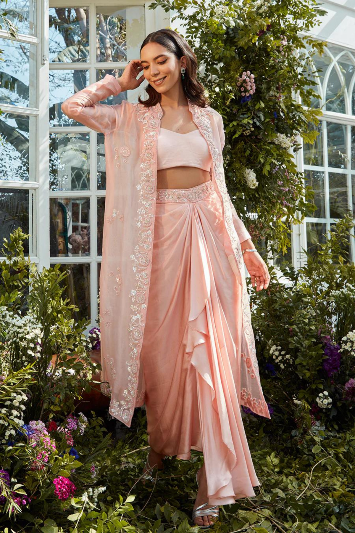 Peacy pink drape skirt set