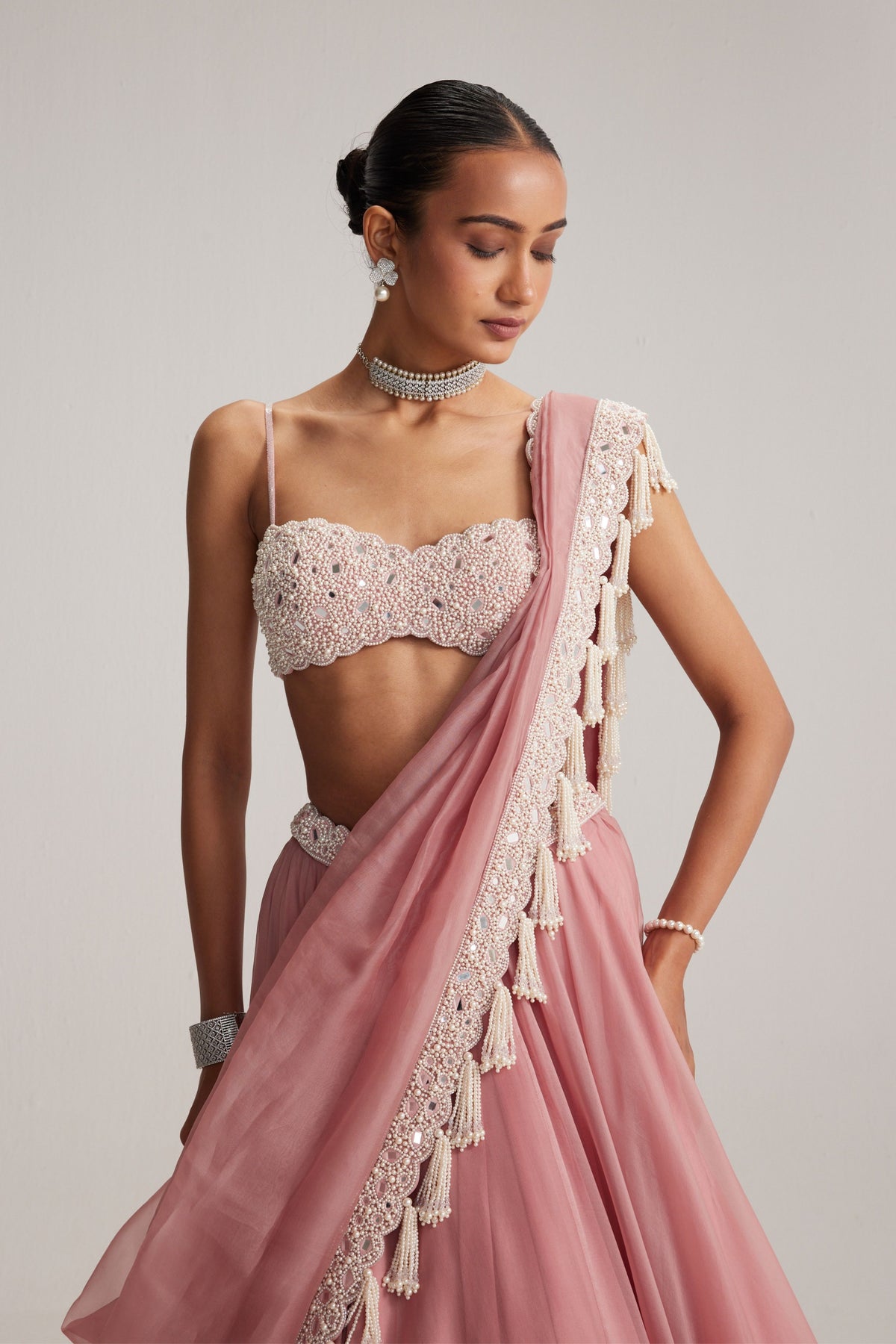 Dusty Rose Mirror and Pearl Lehenga Set