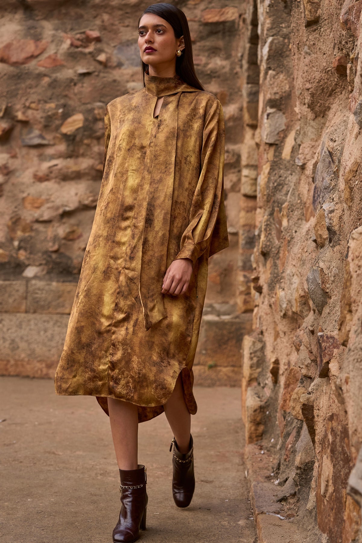 Mustard Neck Scarf Dress