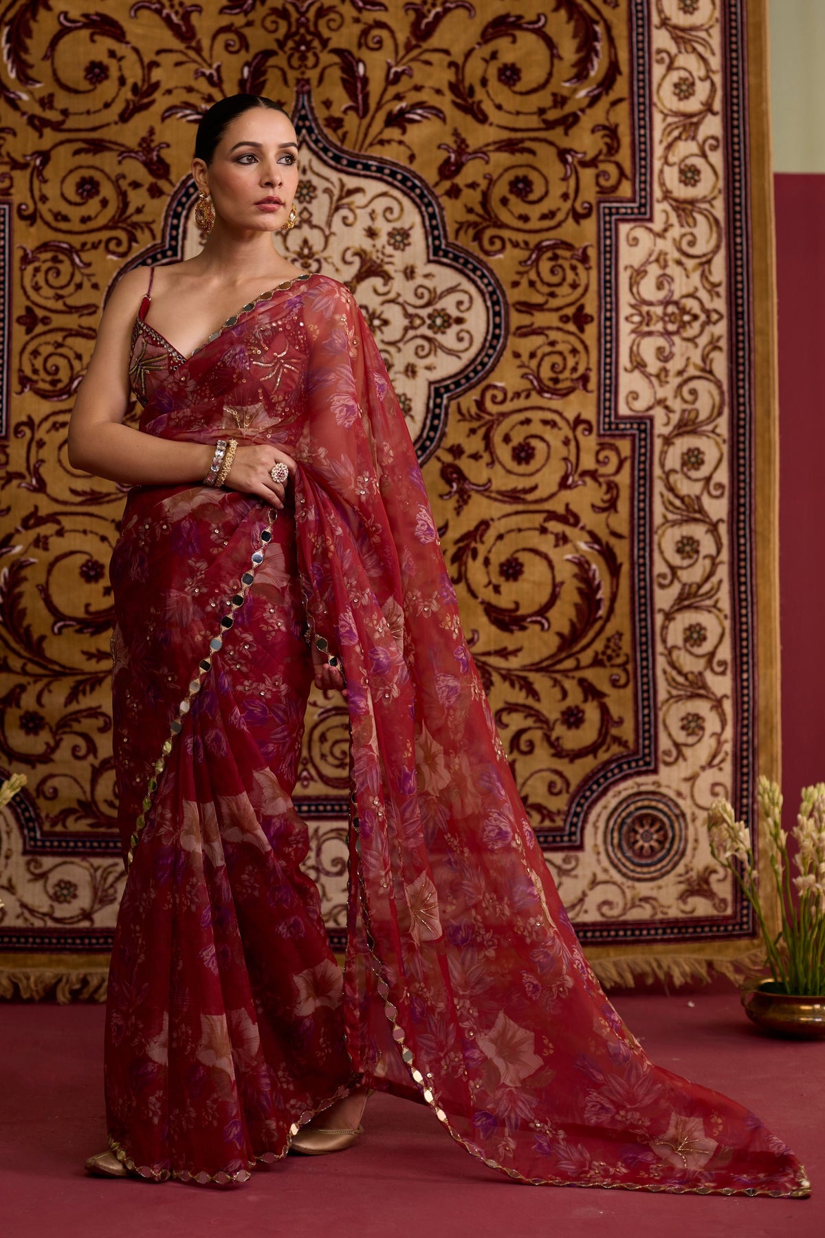 Red Floral Organza Saree Set
