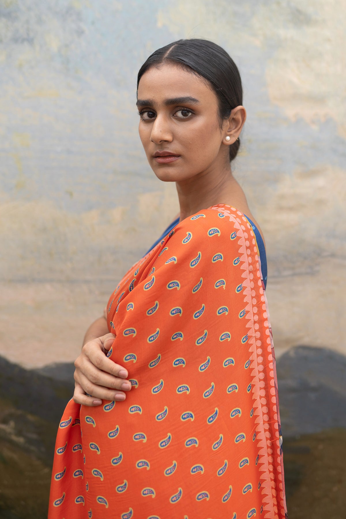 Orange paisley saree