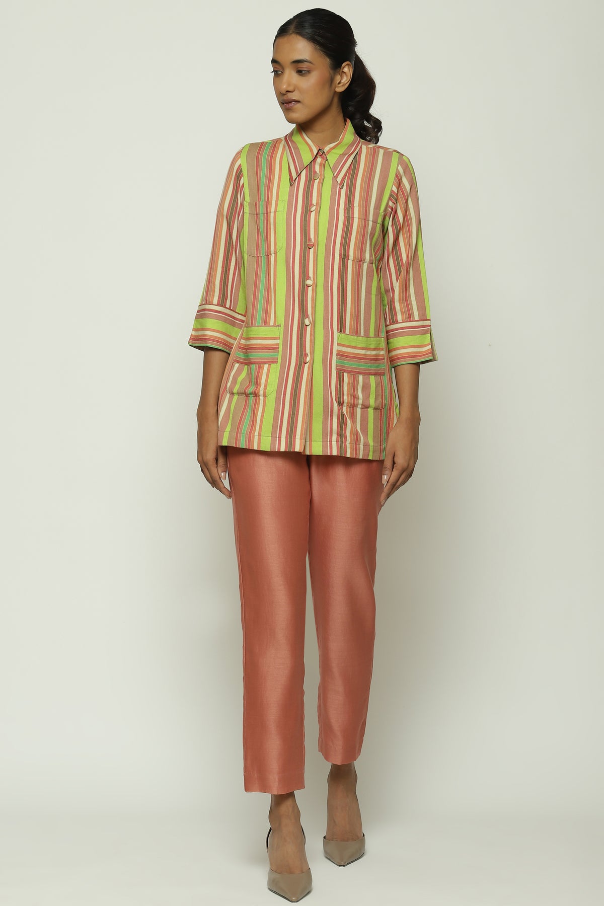 Green Multicolour Woven Stripes Shirt