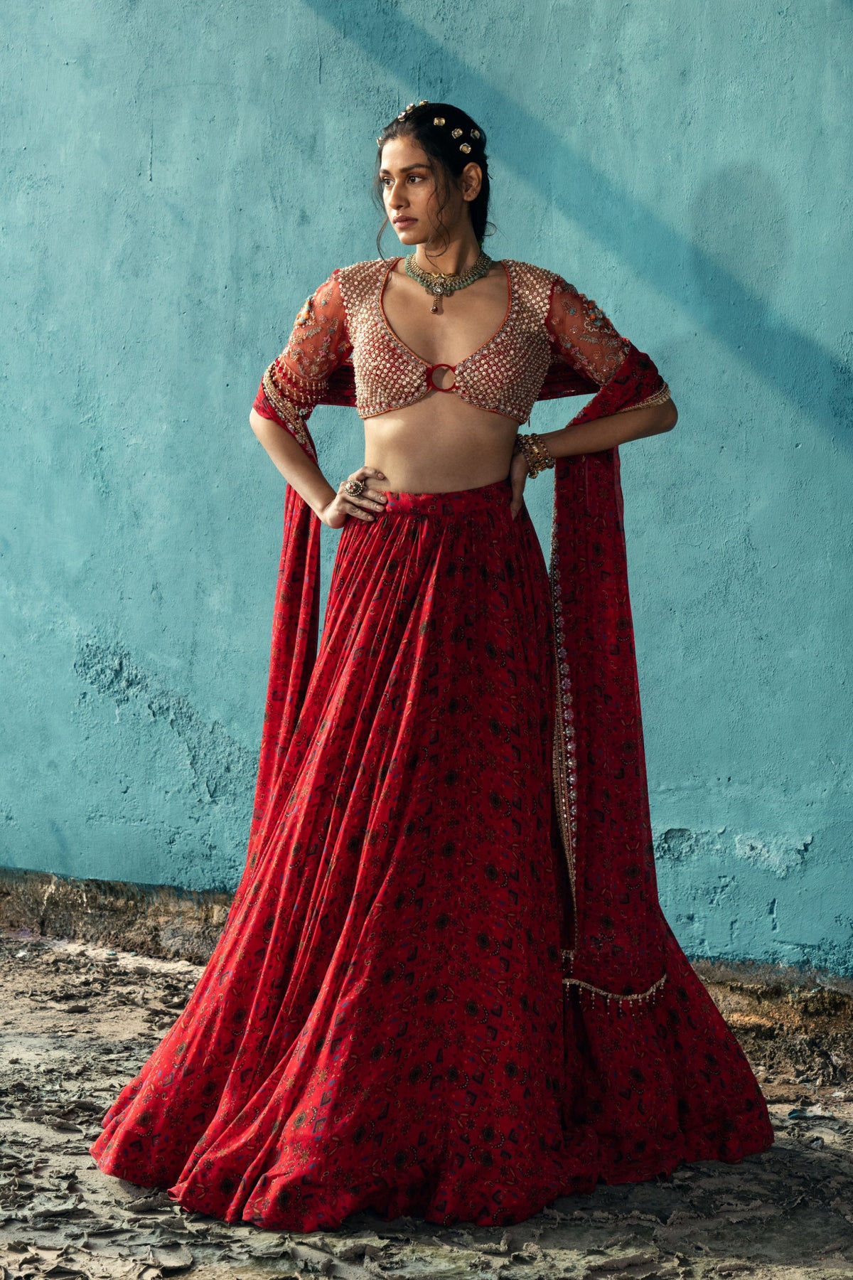 Deep Red Jaal Printed Lehenga Set