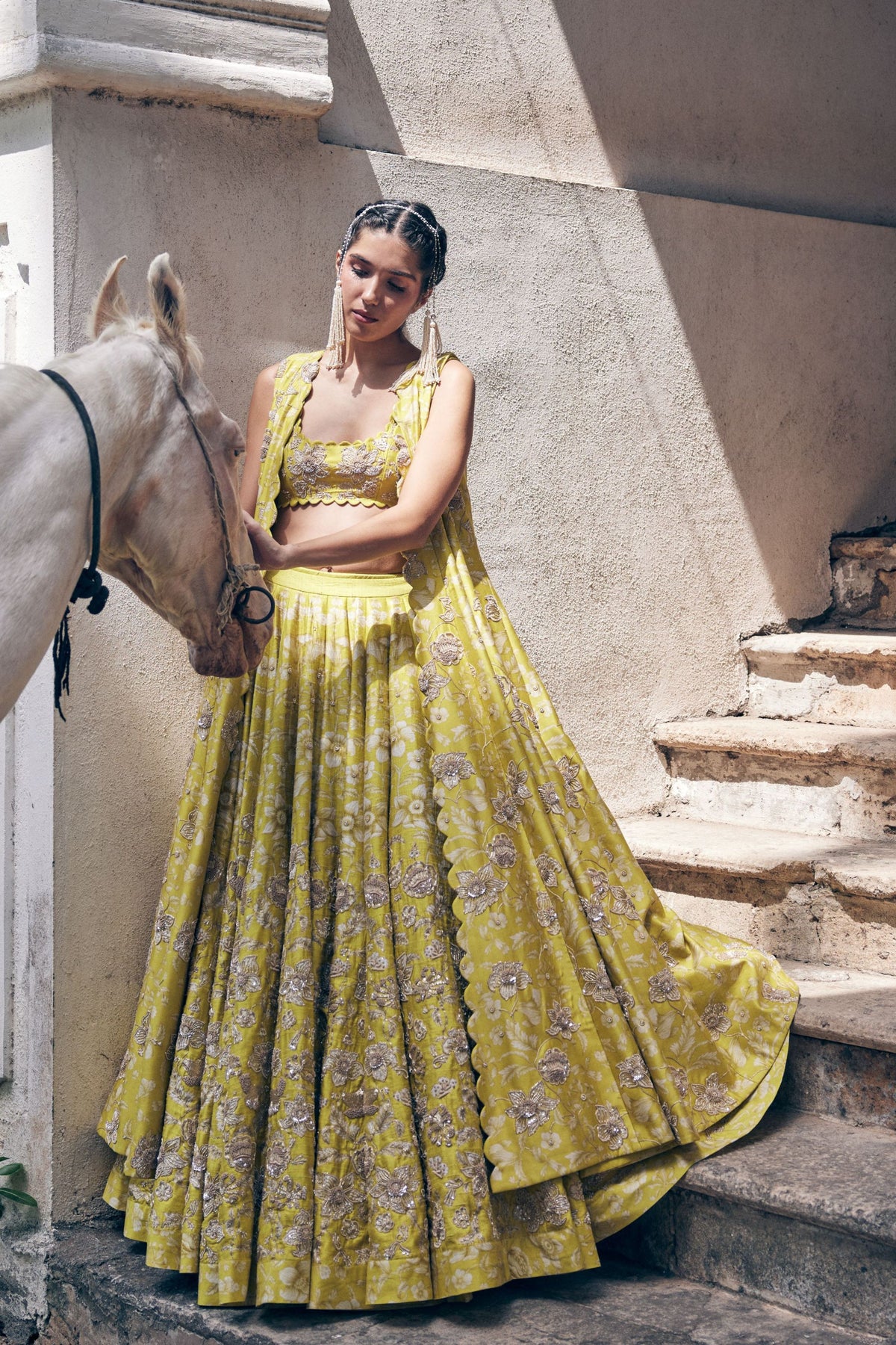 Lime Yellow Vintage Floral  Lehenga Jacket Set