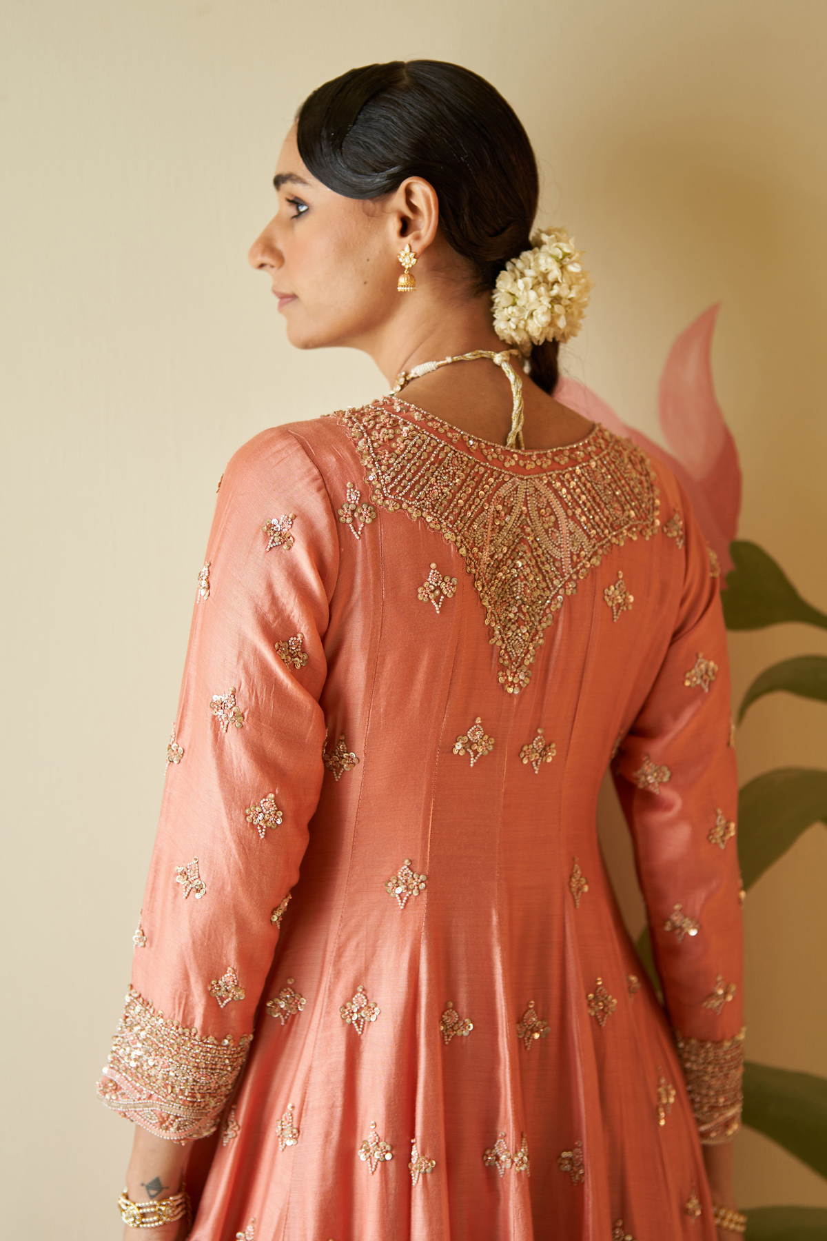 Salmon Chanderi Silk Anarkali Set