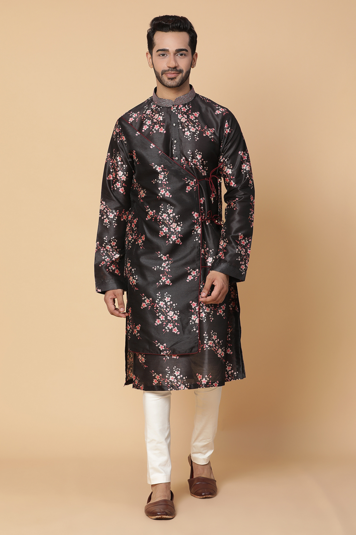 Black floral silk kurta
