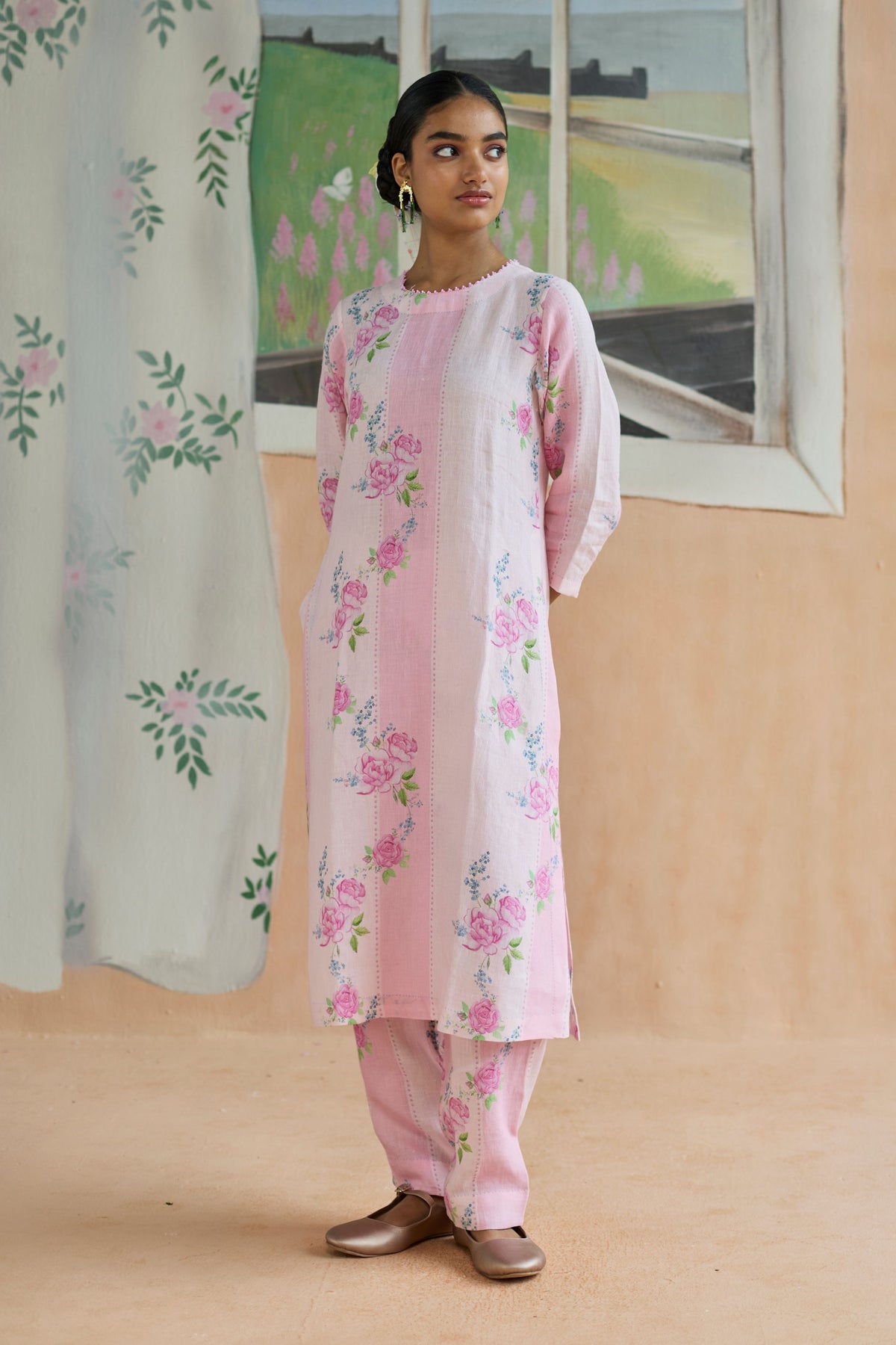Rose Haze Long Kurta Set Linen