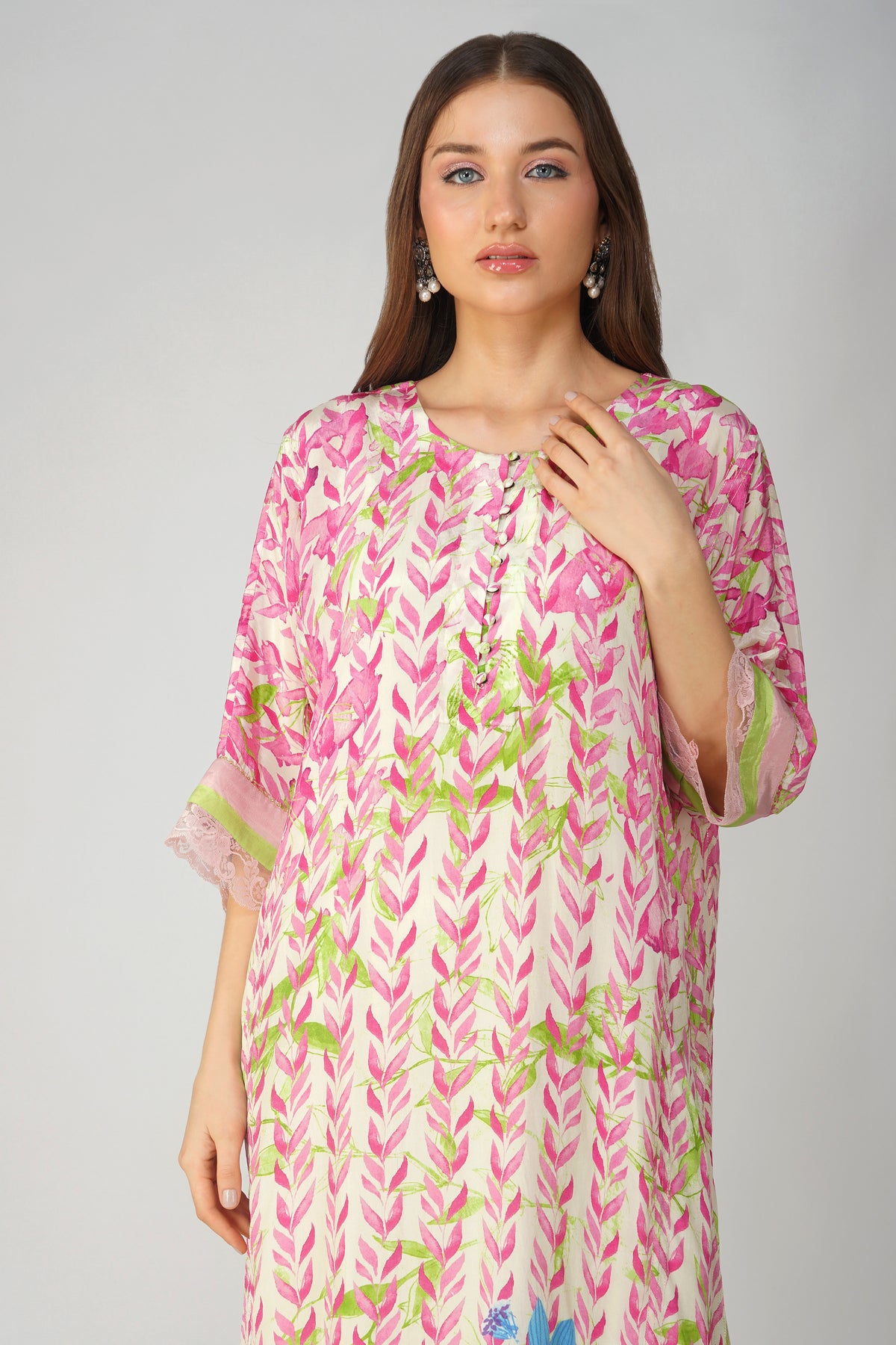 Pink Leaf Printed Kurta Set