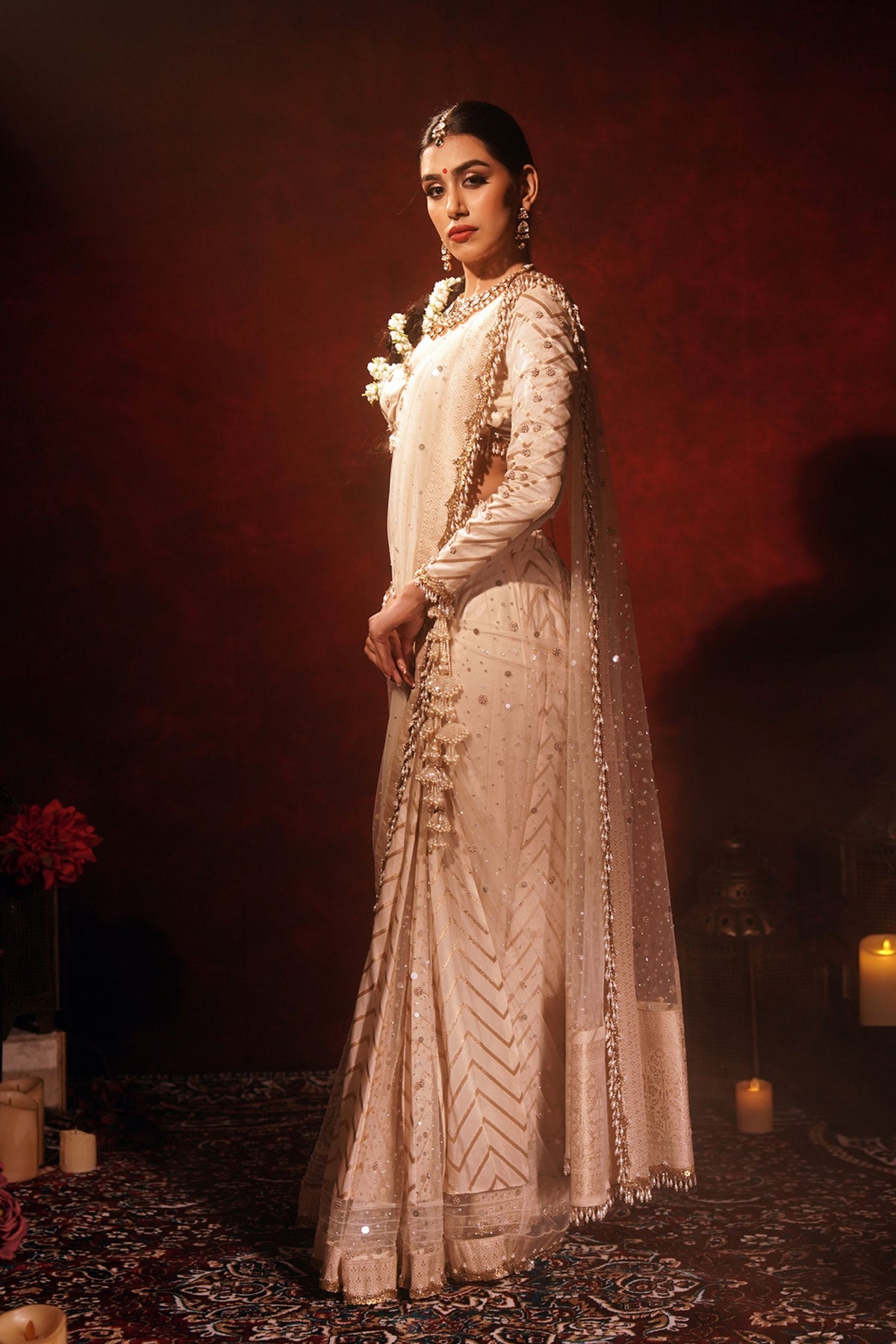 Chevron Ivory Kali Draped Saree Set