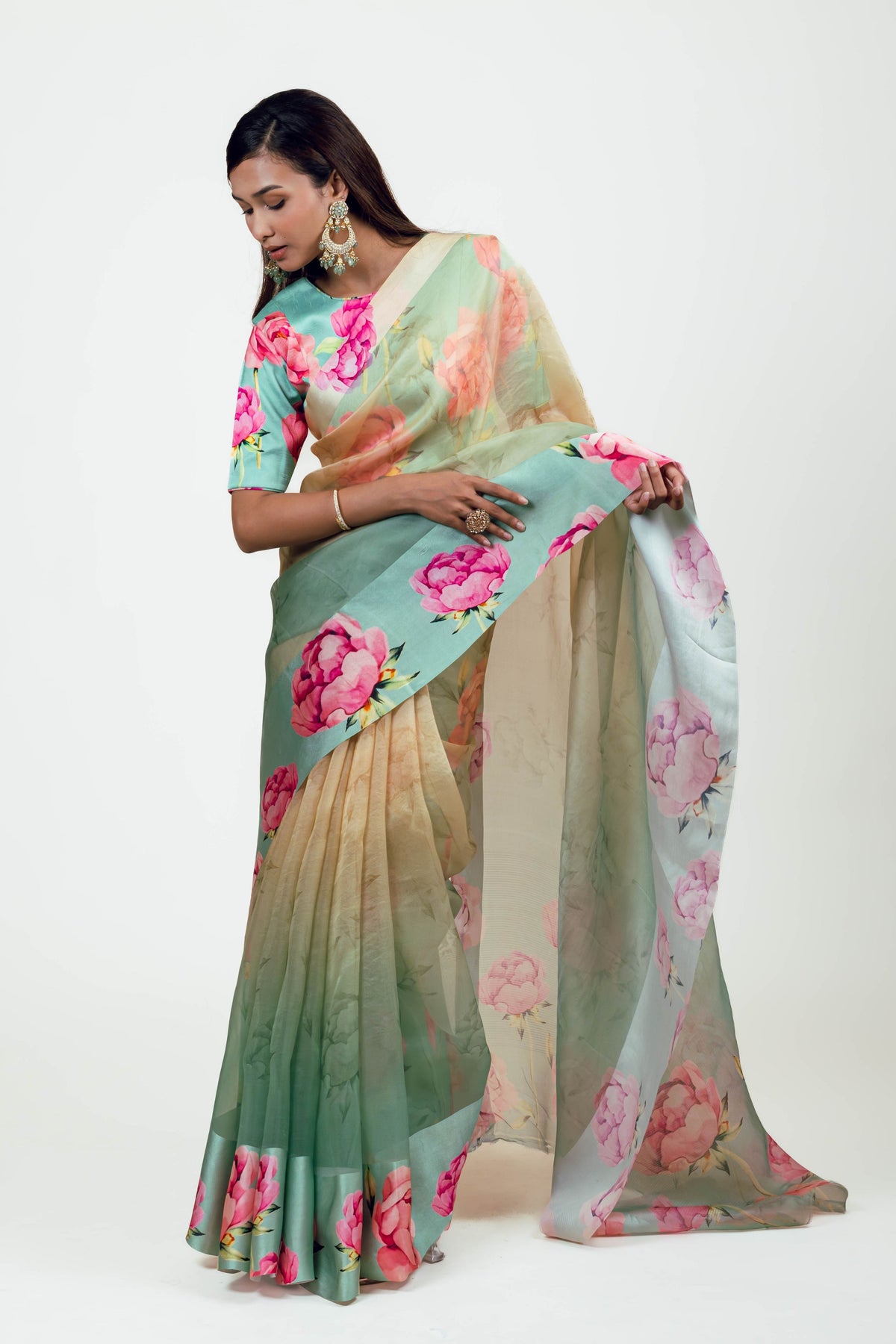 Monica Aqua Yellow Organza Saree