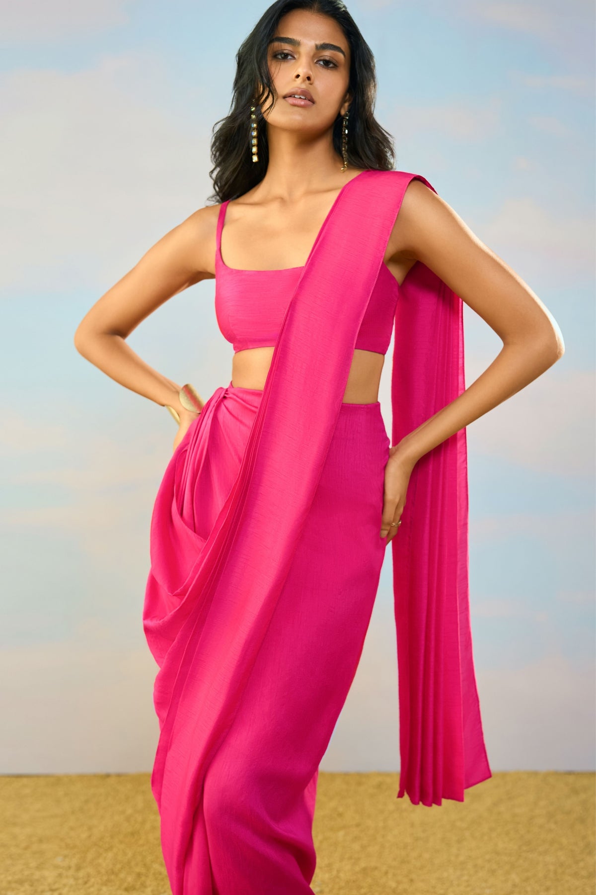 Fuchsia Drape Saree Set