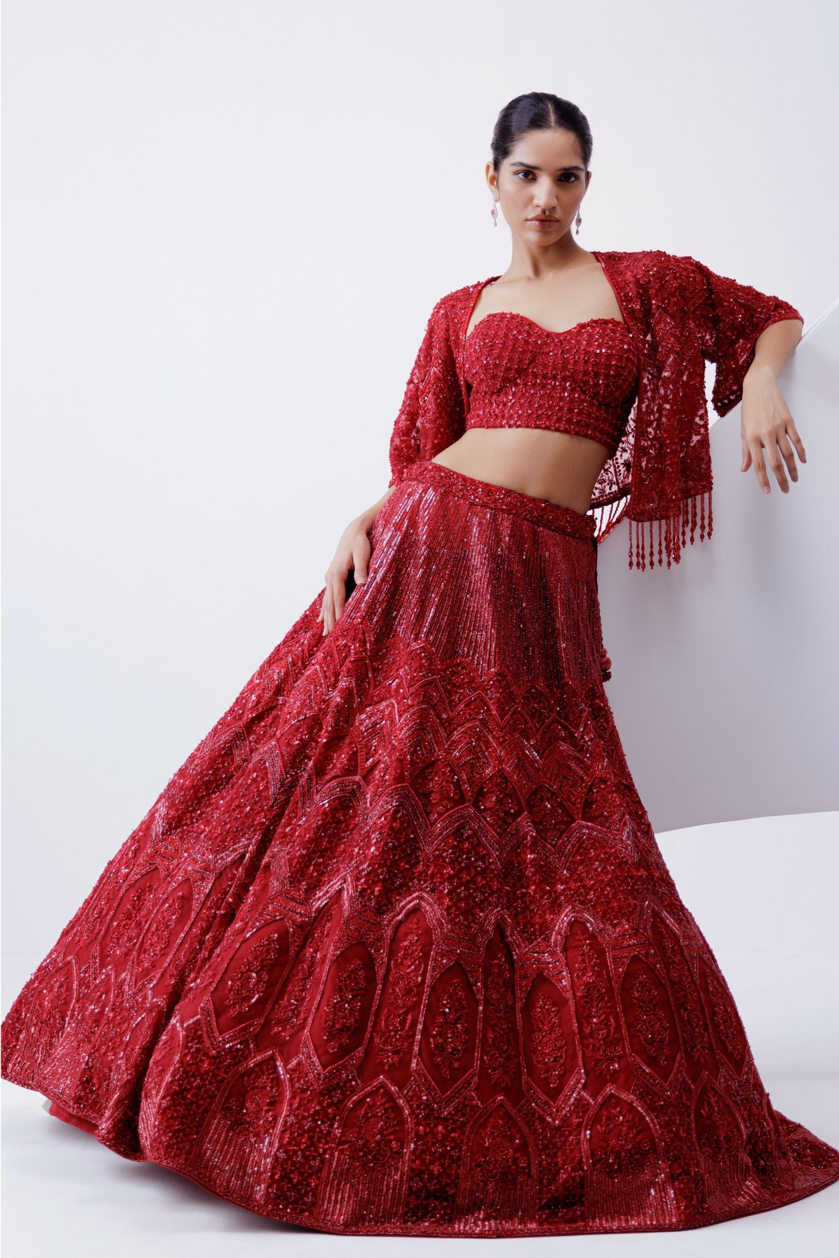 Red Embroidered Lehenga With Jacket