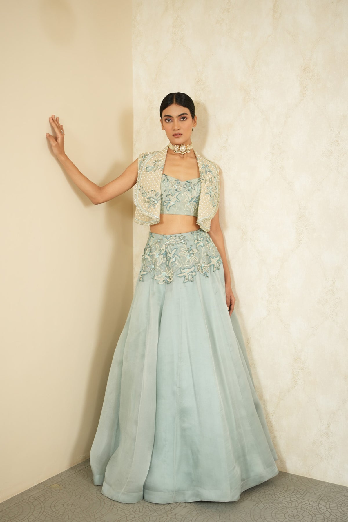 Akira Gilet With Aasmani Zanbaq Lehenga